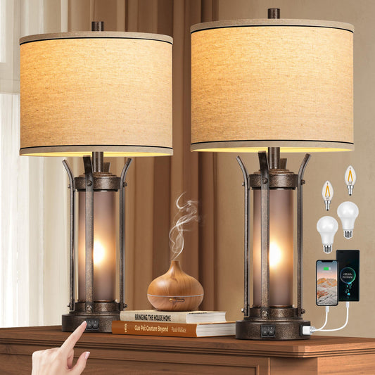 ROTTOGOON Farmhouse Table Lamps with USB A+C Charging Ports, Frosted Glass Lamp for Bedroom Living Room Entryway, Bulbs Included, Bronze