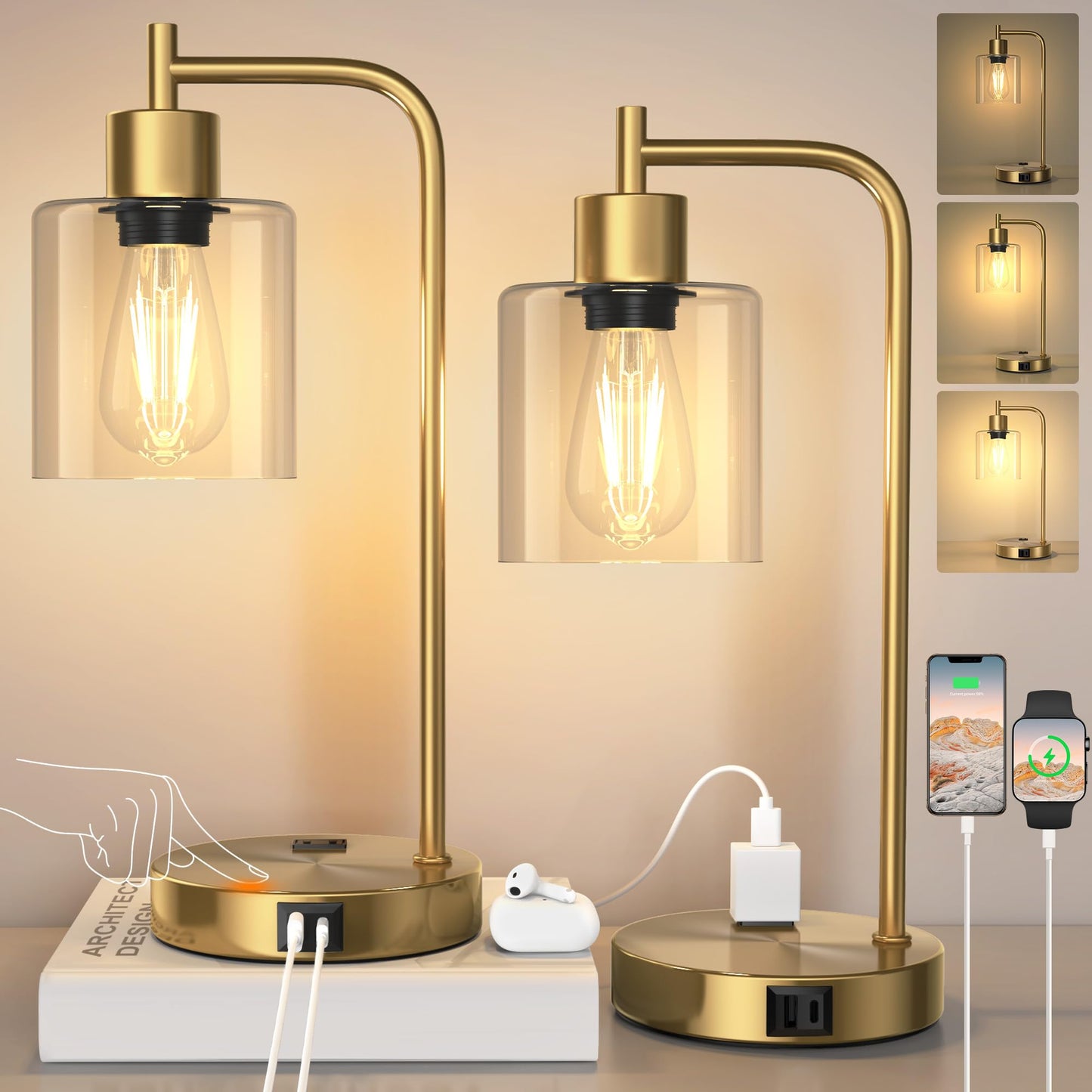 ROTTOGOON Touch Control Table Lamps Set of 2 with 2 USB Ports + 2 AC Outlets, Dimmable Bedside Nightstand Reading Lamps with 2700K LED Bulbs