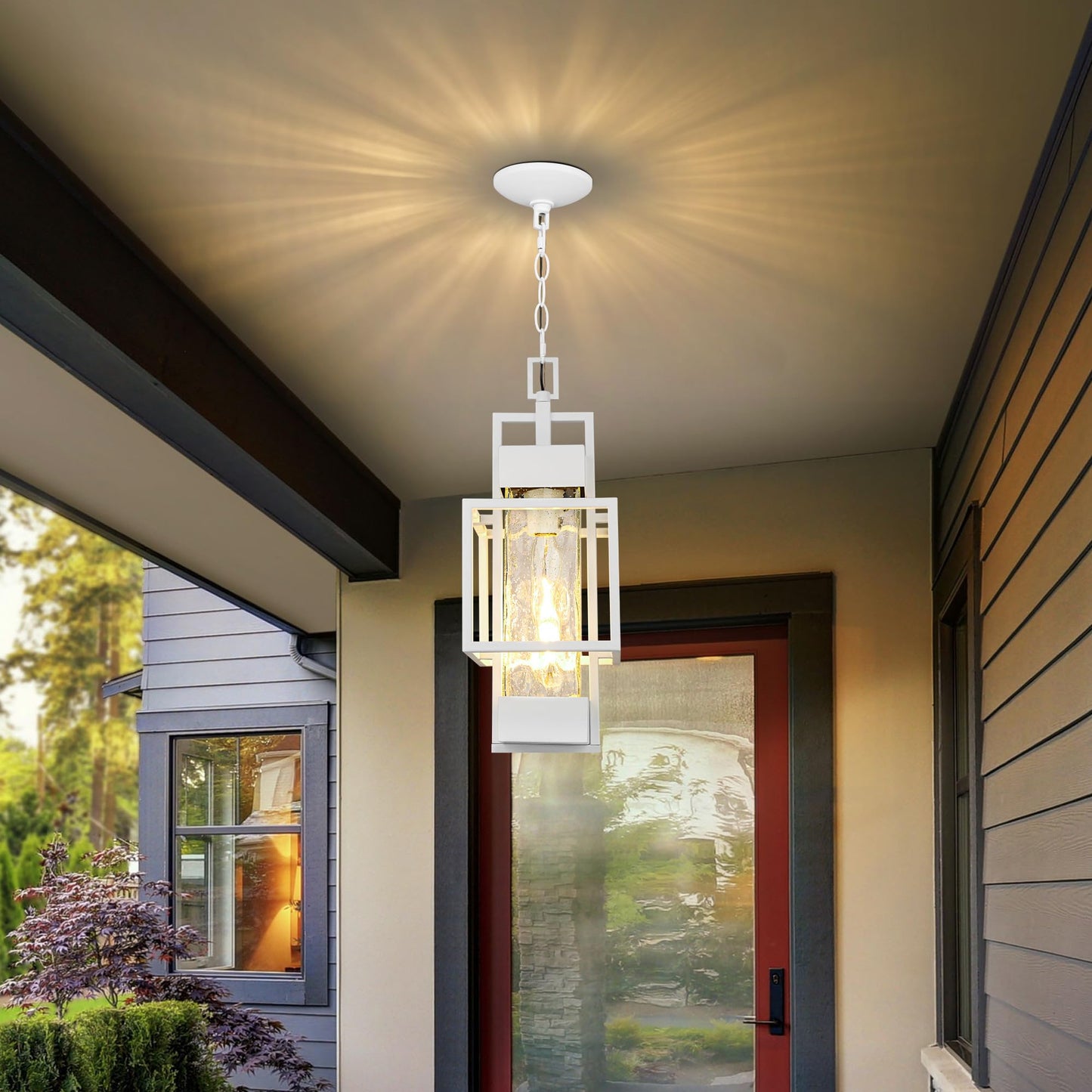 15" Outdoor Indoor Pendant Light Exterior Hanging Lantern, Modern Black Metal Outside Chandelier Light Fixture Ceiling Mount with Water Glass for Front Porch Entrance Foyer Entryway (Bulb Included)