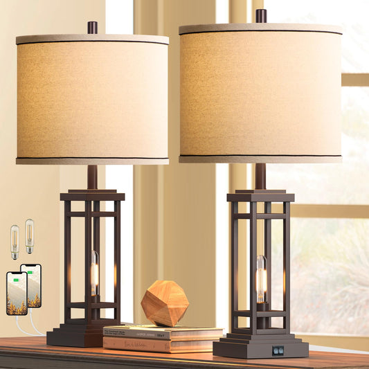 27.5 Tall Farmhouse Table Lamps with USB C + USB A Charge Ports, Rustic Living Room Lamps Set of 2, Black Industrial End Table Lamp for Bedroom Living Room Nightstand (Oil-Rubbed Bronze)