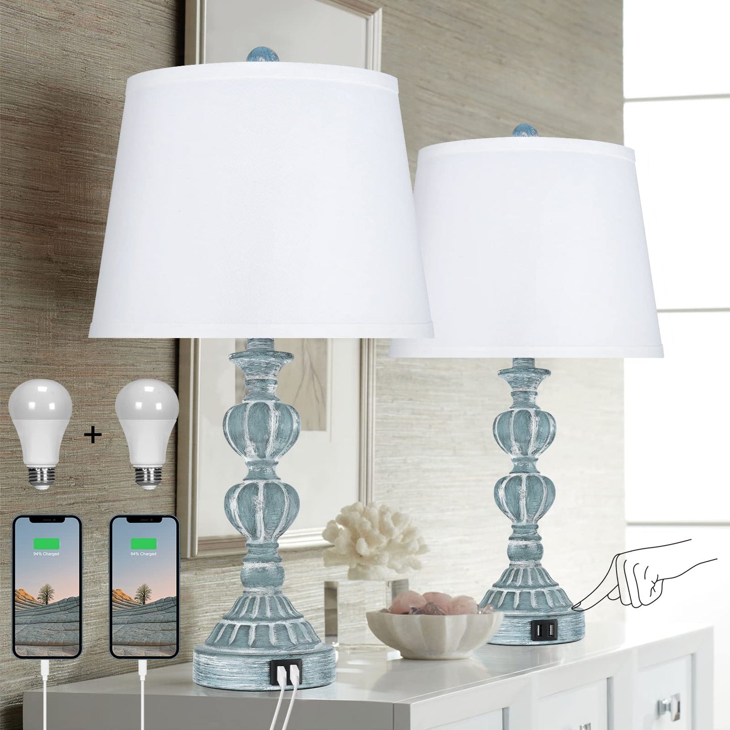 ROTTOGOON Touch Control Table Lamp Set of 2, 3-Way Dimmable Bedside Lamps with 2 USB Charging Ports for Living Room, Bedroom - Blue Washed White