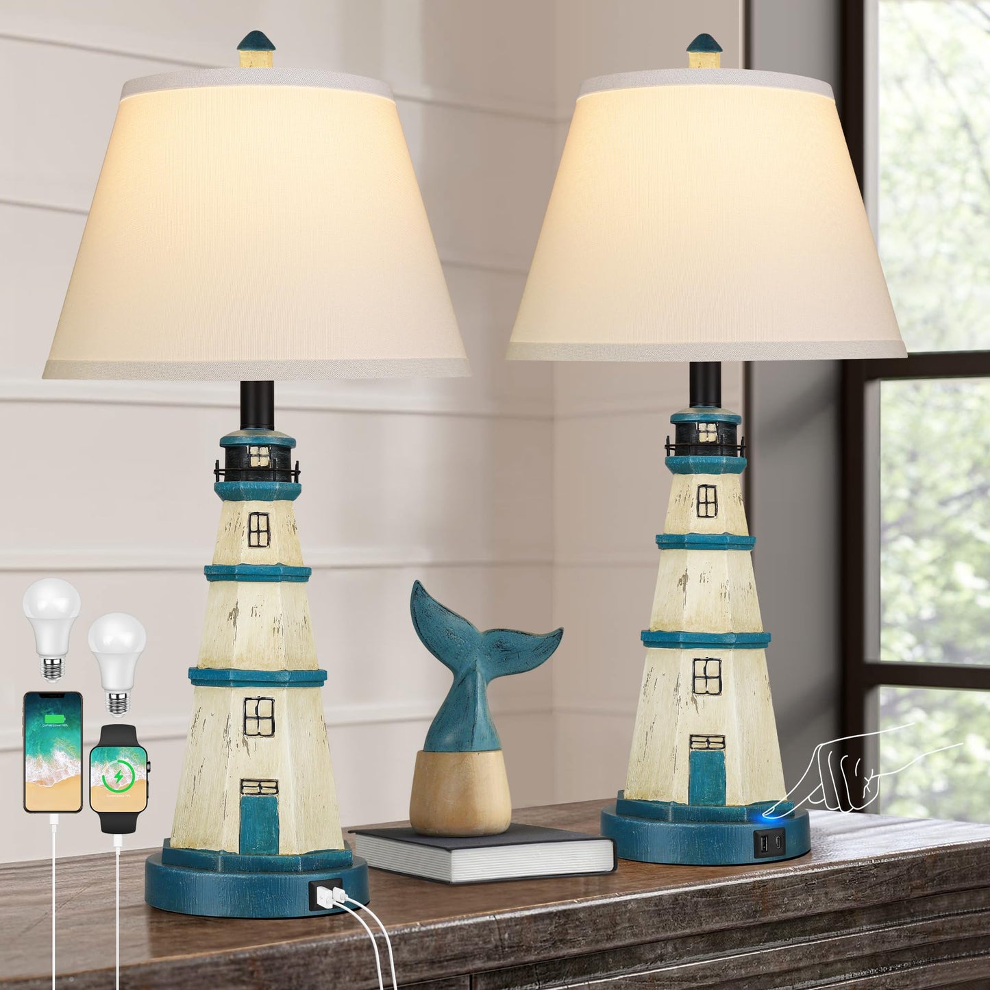 ROTTOGOON Bedside Table Lamps Set of 2 with Dual USB Charging Ports, Dimmable Modern White Blue Lighthouse for Living Bedroom, Bulbs Included