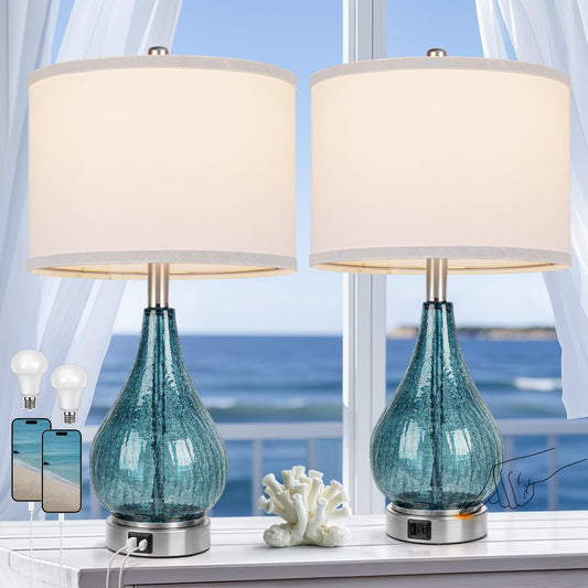 ROTTOGOON Glass Table Lamp for Living Room Bedroom Set of 2, Dimmable Modern Bedside Lamps for Home Decor with White Fabric Shade