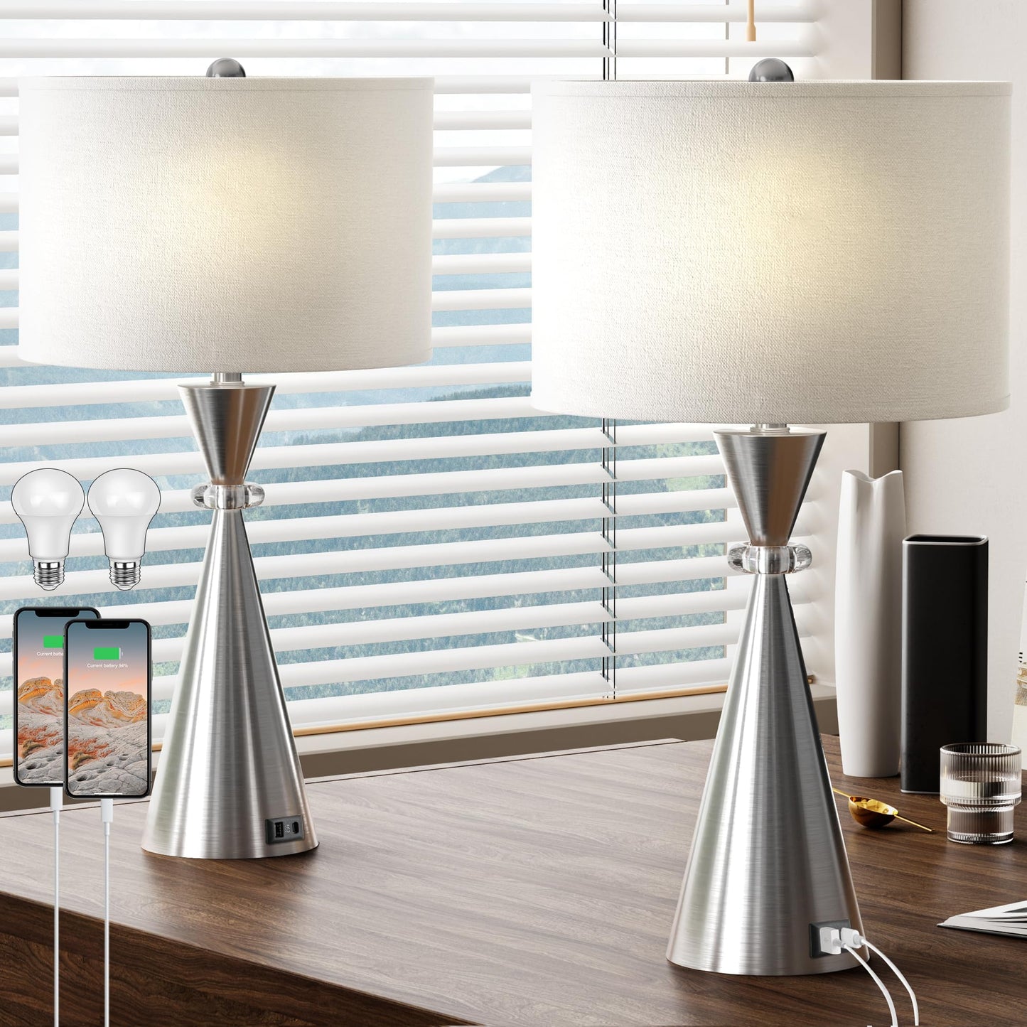 ROTTOGOON Table Lamps Set of 2, 3CCT Dimmable Modern Metal Bedside Lamps with 2 USB Ports, for Living Room Bedrooms Decorations