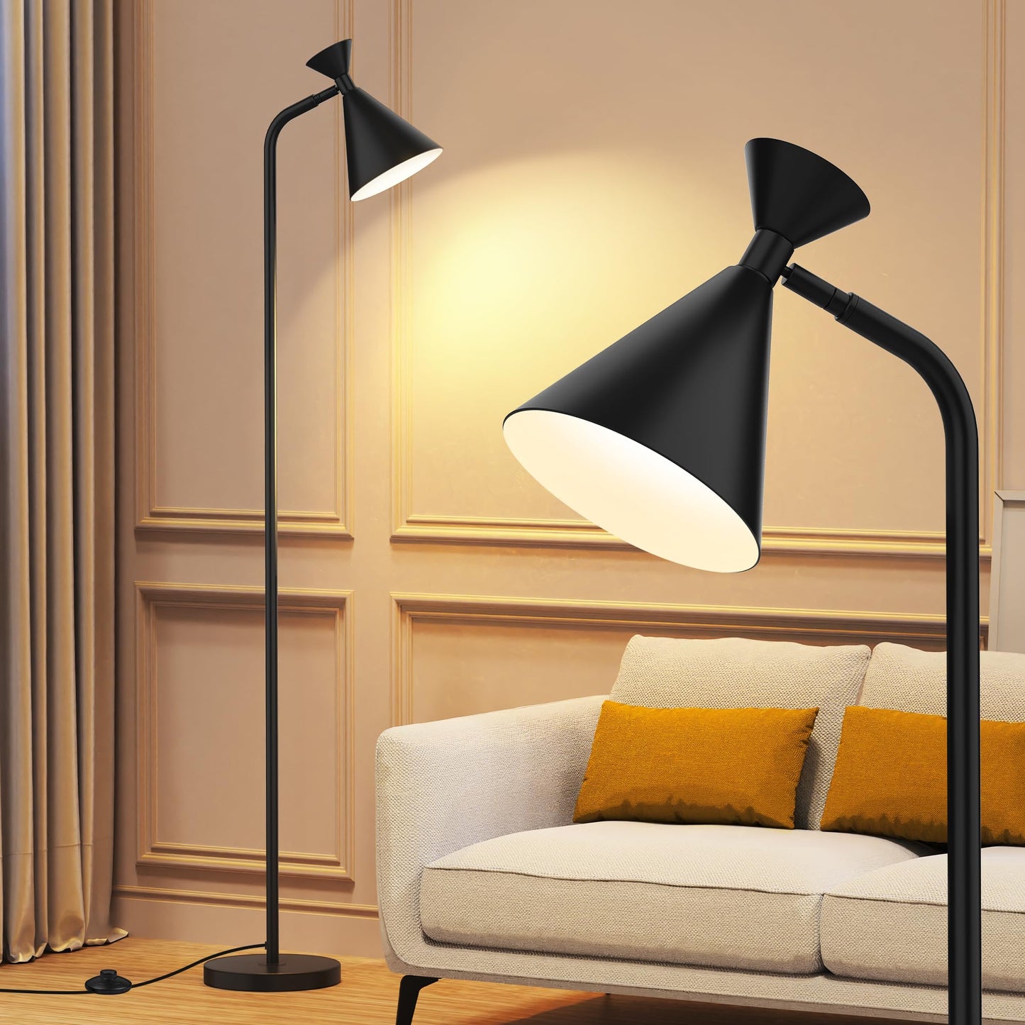 Floor Lamp for Living Room, Modern Adjustable Metal Heads Standing Lamps, Simple Design Black Floor Lamp with Foot Switch for Bedroom, Office, Kids Room, Reading, Working(Bulb Not Included)
