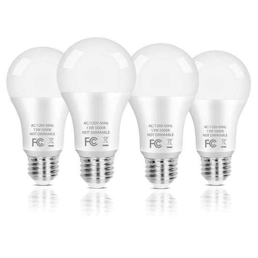 A19 LED Light Bulb, 100 Watt Equivalent LED Bulbs, 13W Daylight White 5000K, 1500LM, E26 Standard Base Non-Dimmable White LED Light Bulb, CRI 85+, 4-Pack