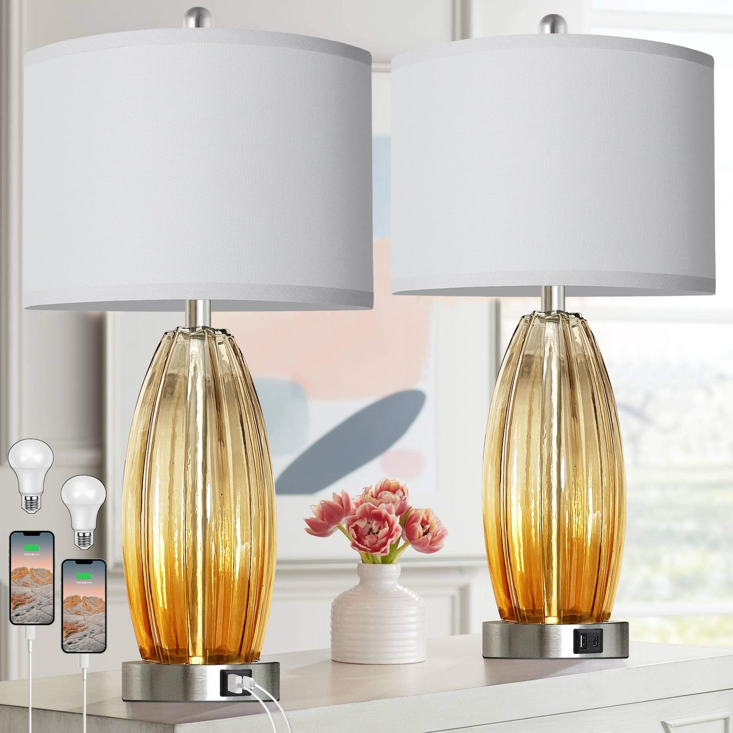 ROTTOGOON Table Lamps for Living Room Set of 2, Glass Table Lamp with USB C+A Ports & 2 LED Bulbs for End Tables Bedside