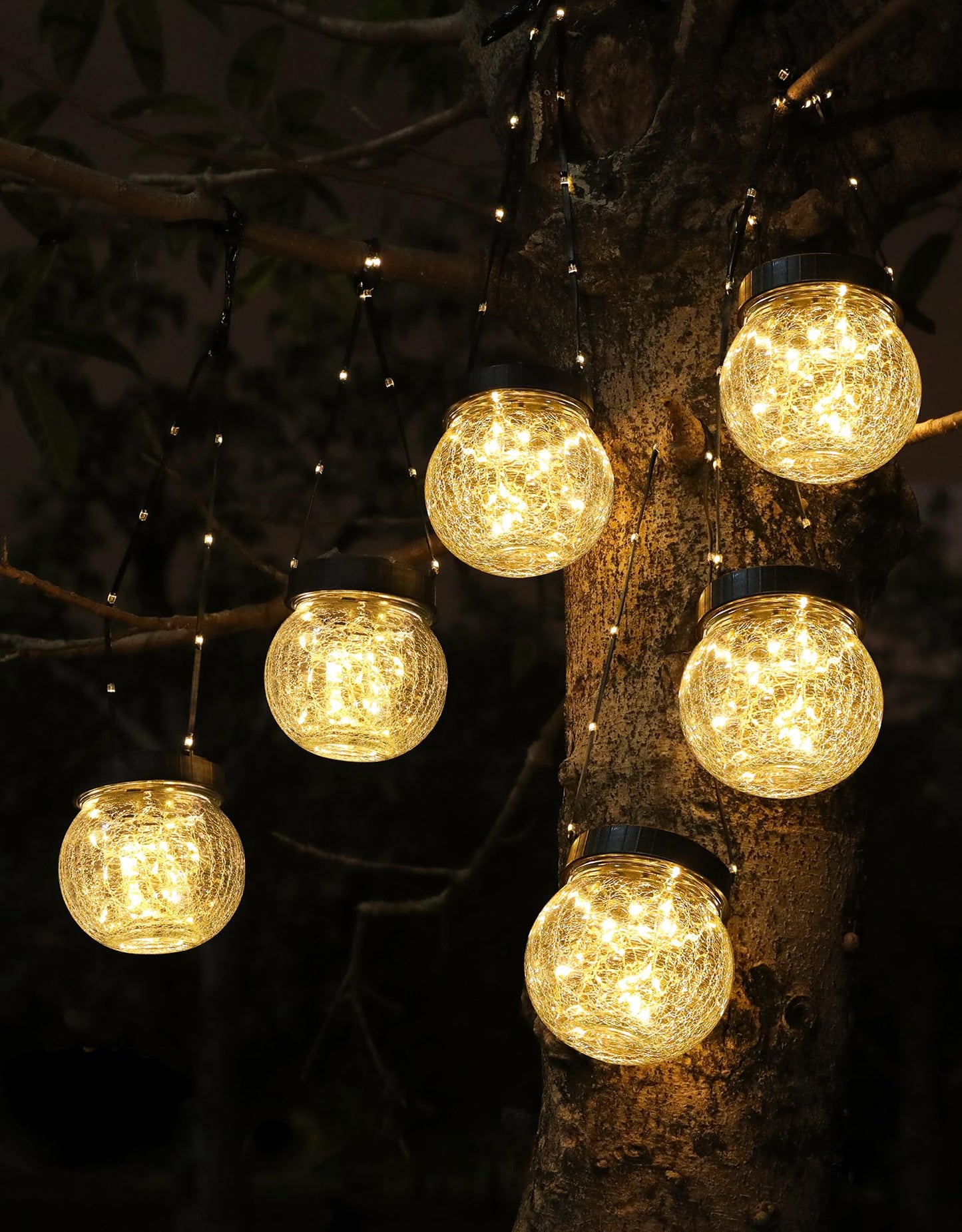 Solar Lantern Solar Lights Outdoor Waterproof 6-Pack, Solar Powered Hanging Lights Cracked Glass Hanging Globes for Christmas Decoration, Shepherd Hook, Garden Tree Ornaments