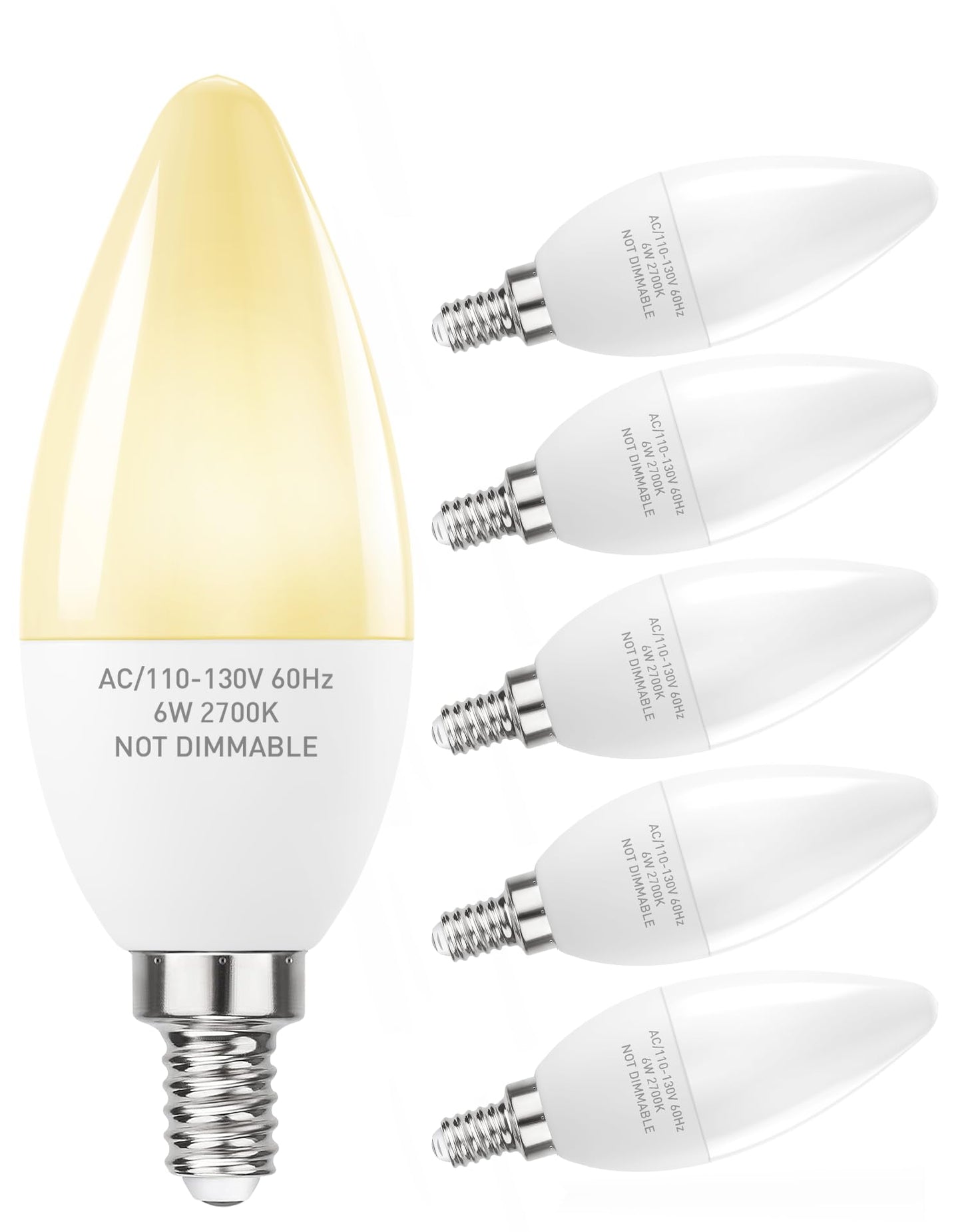 E12 LED Light Bulbs B11 Candelabra Bulbs 60W Equivalent, Non-Dimmable 6W LED Candle Chandelier Bulb 600Lumen, 2700K Soft White, Pack of 6