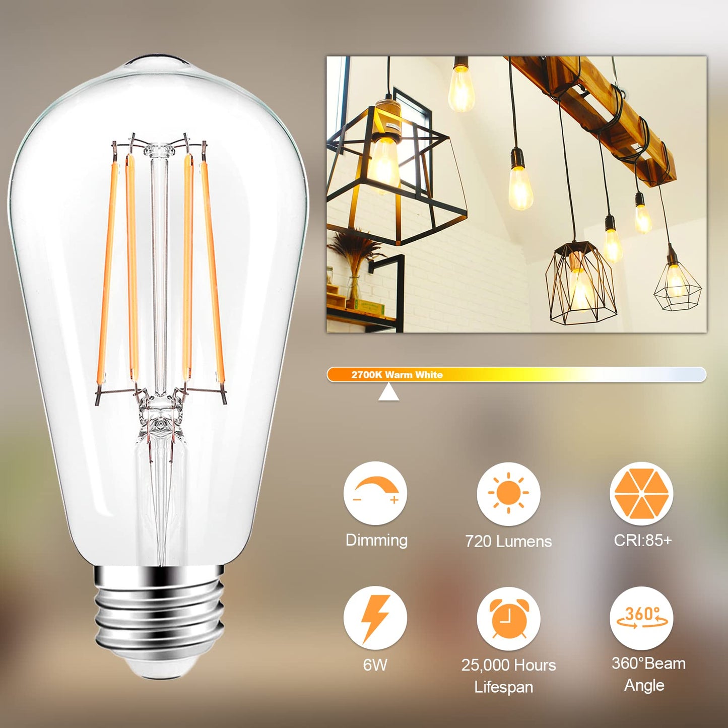 LED Light Bulbs Dimmable Vintage Edison Bulb, E26 LED Bulb 60W Equivalent 720 Lumens, Warm White 2700K, ST58 Antique LED Filament Bulb CRI 85+, Clear Glass, Pack of 4