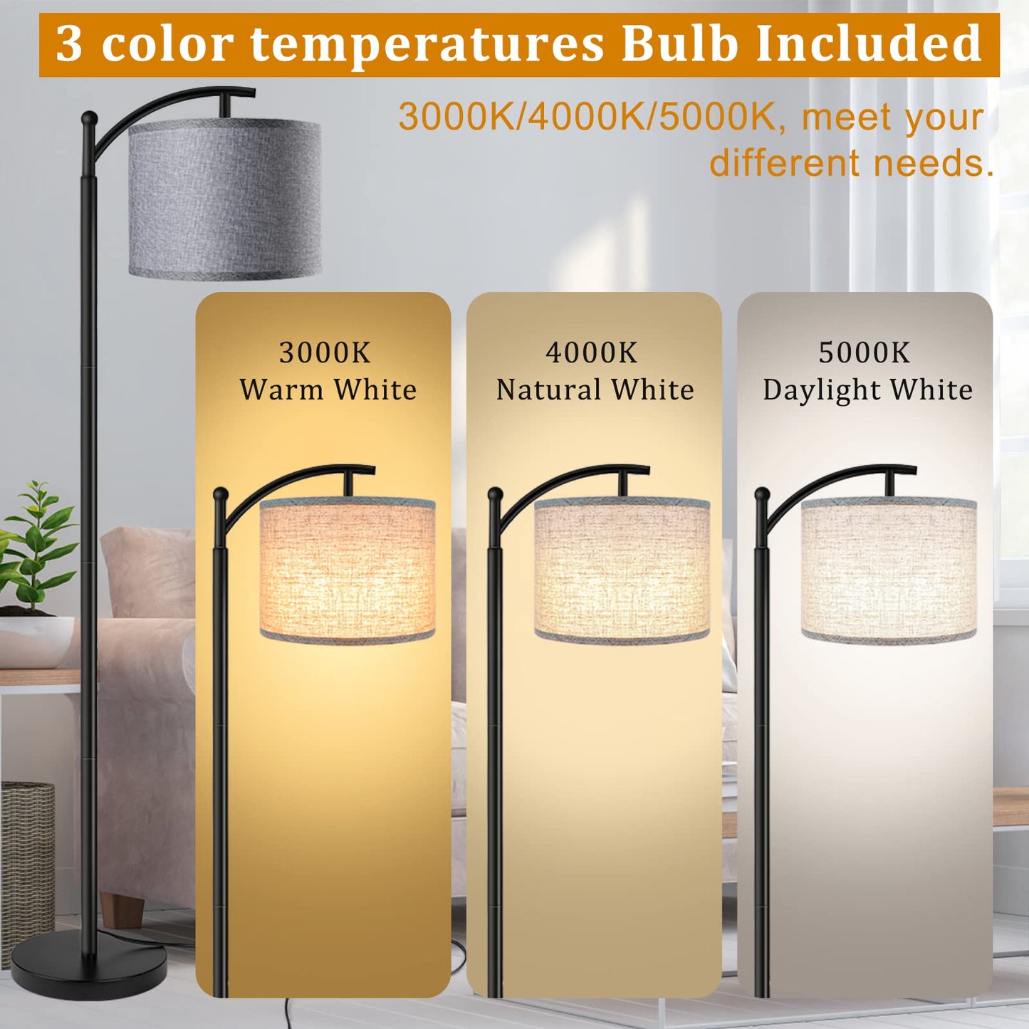 Floor Lamp with 3CCT LED Bulb, Lamp for Living Room with Gray Linen Lamp Shade, Modern Standing Lamp Floor Lamps for Bedrooms - Black