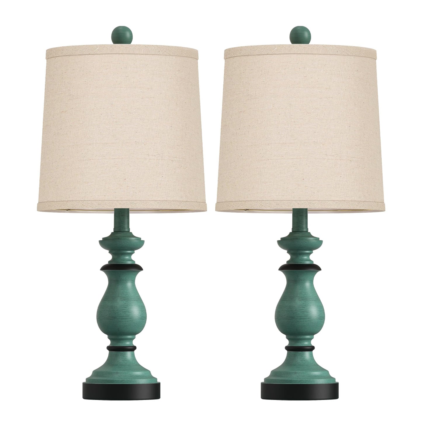 Traditional Table Lamp Set of 2, Rustic Farmhouse Table Lamps for Living Room Bedroom, 22" Bedside Desk Lamps Vintage Nightstand Lamps with Linen Shades, Green
