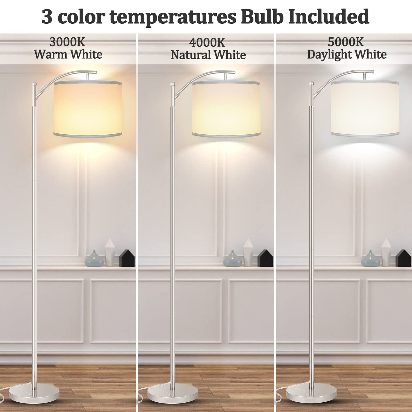 Floor Lamp for Living Room, LED Standing Lamp with 2 Lamp Shades for Bedroom, 9W LED Bulb Included - Silver