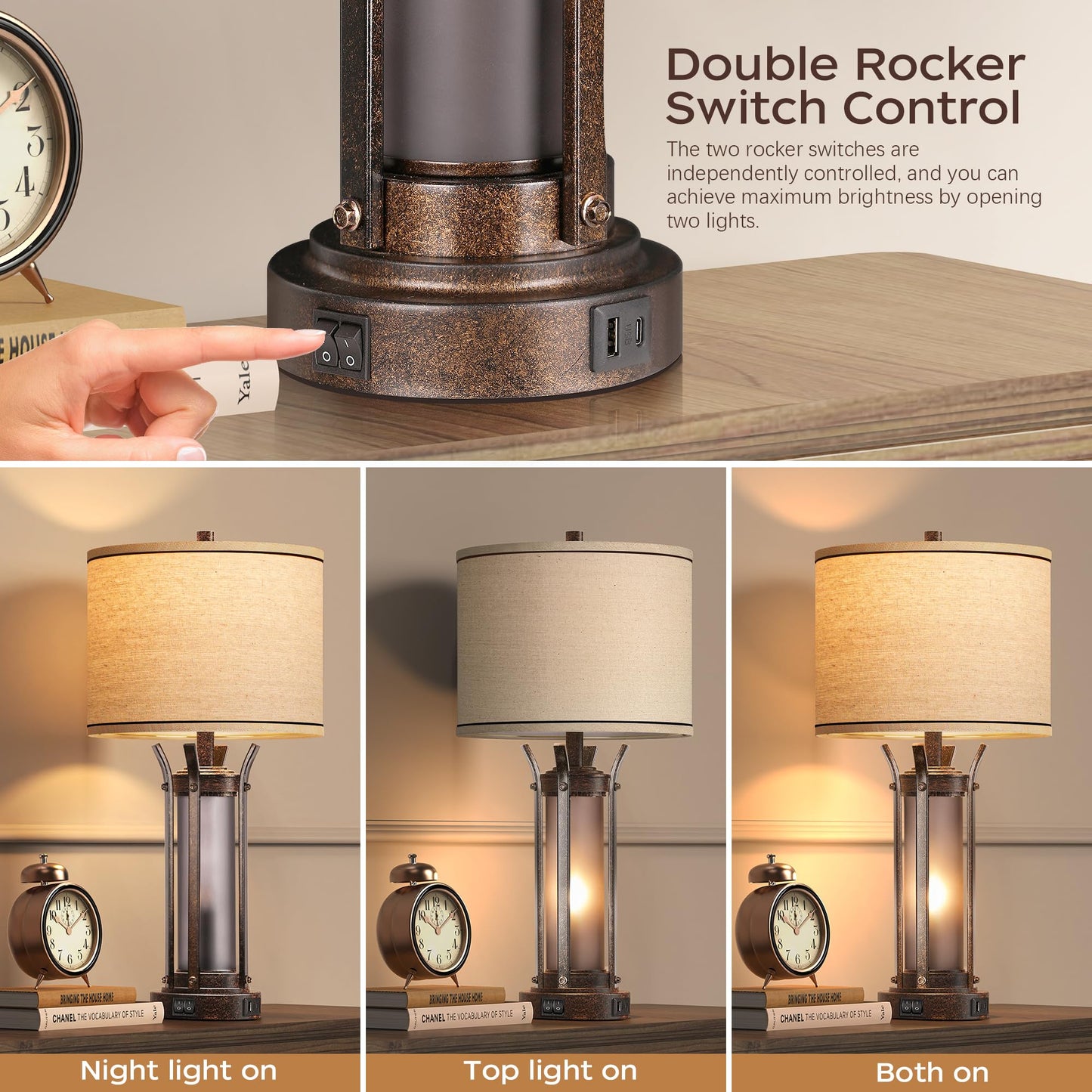 ROTTOGOON Farmhouse Table Lamps with USB A+C Charging Ports, Frosted Glass Lamp for Bedroom Living Room Entryway, Bulbs Included, Bronze