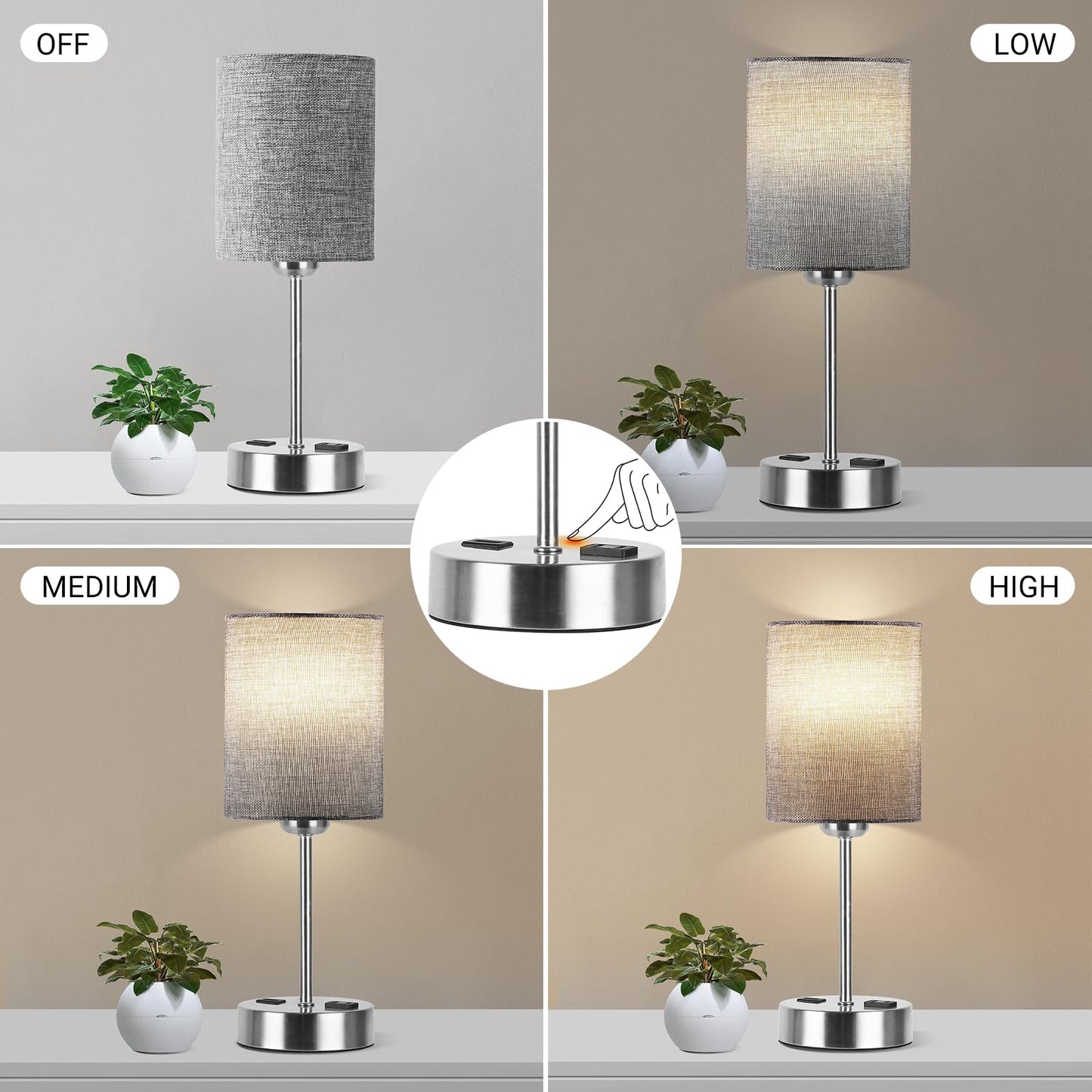 ROTTOGOON Touch Table Lamps Set of 2 with USB Port & Power Outlet, Dimmable Desk Lamp for Living Room Nursery Room, Bulbs Included, Grey