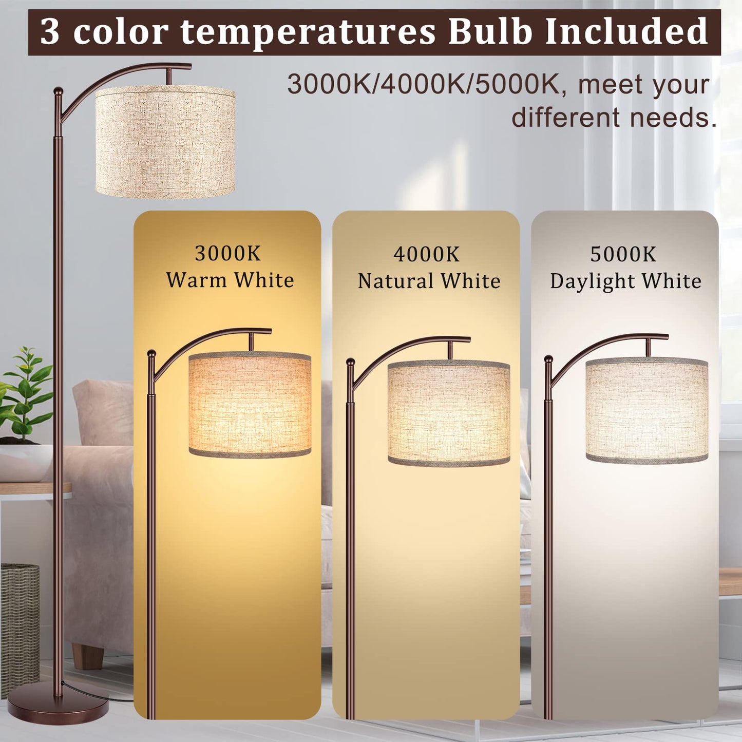 Floor Lamp for Living Room, LED Standing Lamp Tall Industrial Floor Lamp Reading for Bedroom, Office (9W LED Bulb, Beige Lampshade Included) -Oil-Rubbed