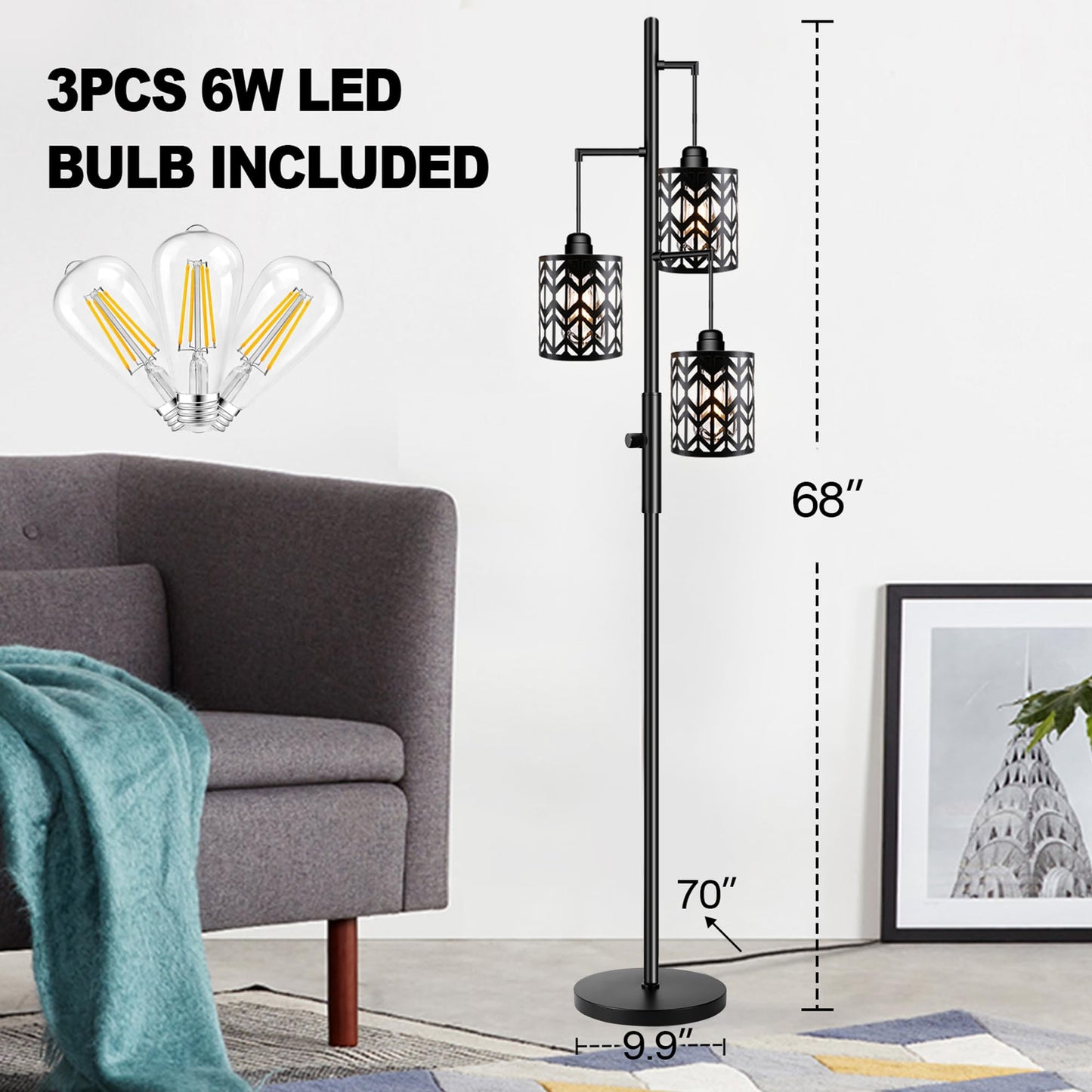 Dimmable Floor Lamp, Industrial Standing Floor lamp for Living Room, Tall Farmhouse Rustic lamp with 3 LED Bulbs, Tree Floor Lamp for Bedrooms, Living Room, Home Office, Metal, Black, 68"