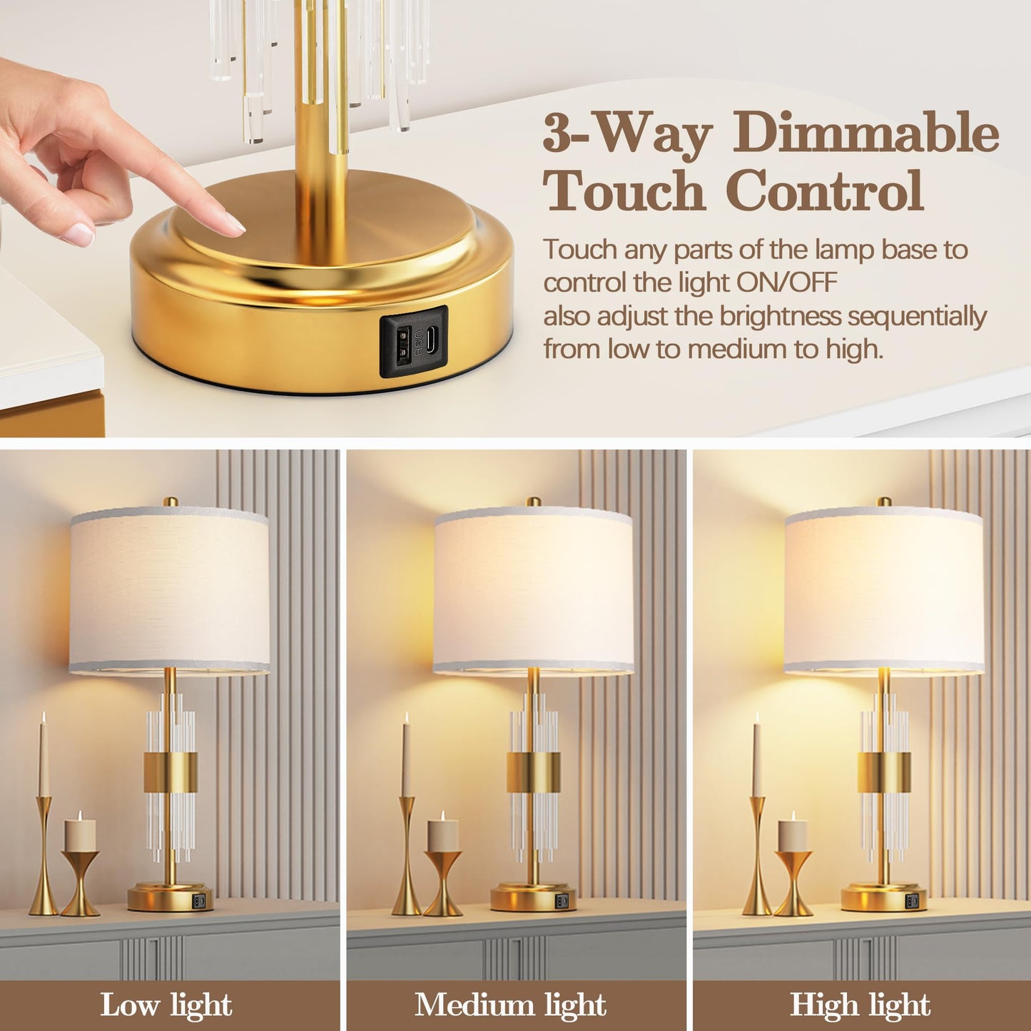 ROTTOGOON Table Lamp Set of 2 for Living Room with USB A+C Ports, Gold Bedside Lamps for Bedrooms Home Office Decor (2700K LED Bulb Included)