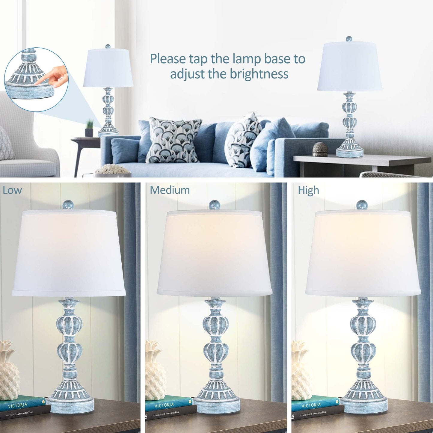 ROTTOGOON Touch Control Table Lamp Set of 2, 3-Way Dimmable Bedside Lamps with 2 USB Charging Ports for Living Room, Bedroom - Blue Washed White