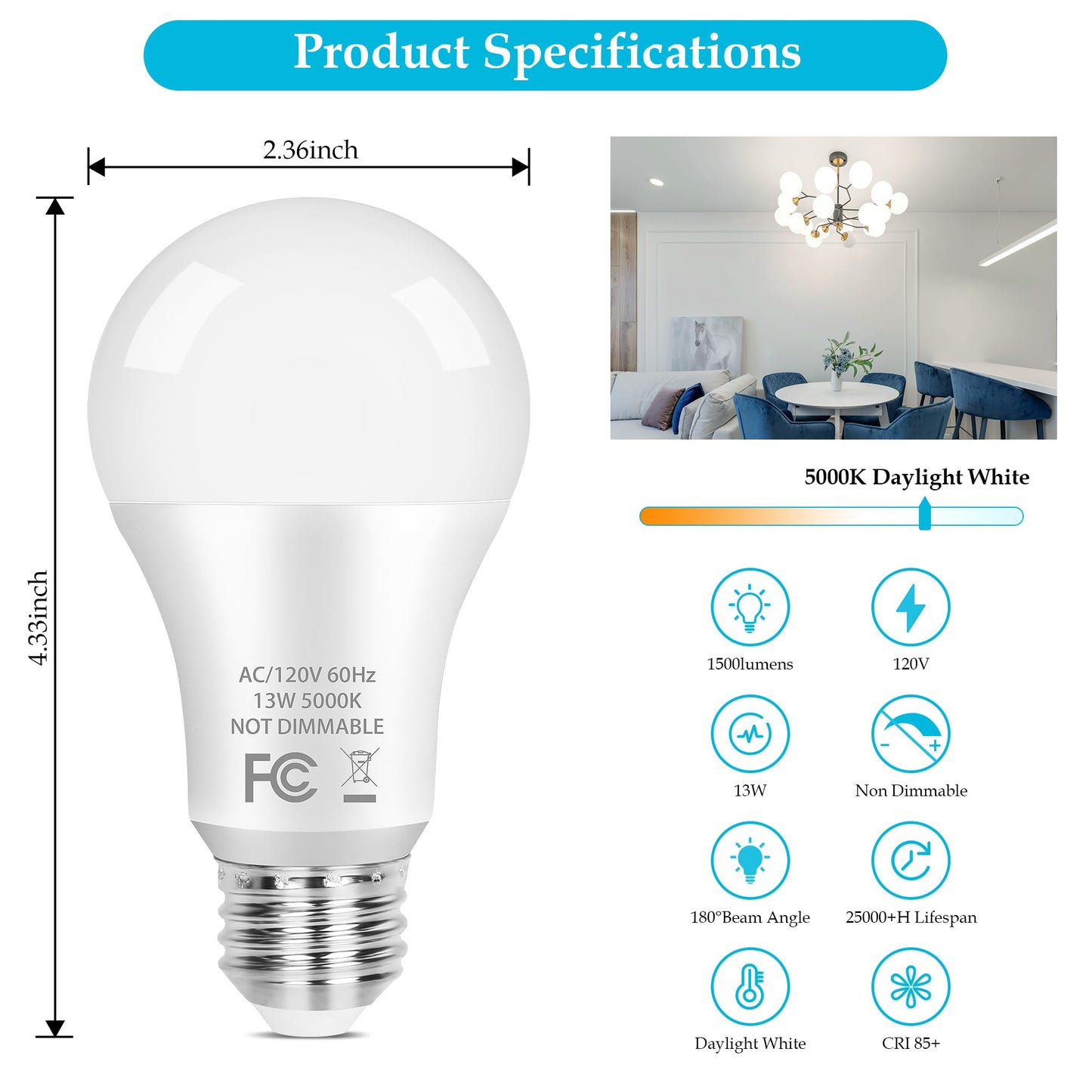 A19 LED Light Bulb, 100 Watt Equivalent LED Bulbs, 13W Daylight White 5000K, 1500LM, E26 Standard Base Non-Dimmable White LED Light Bulb, CRI 85+, 4-Pack