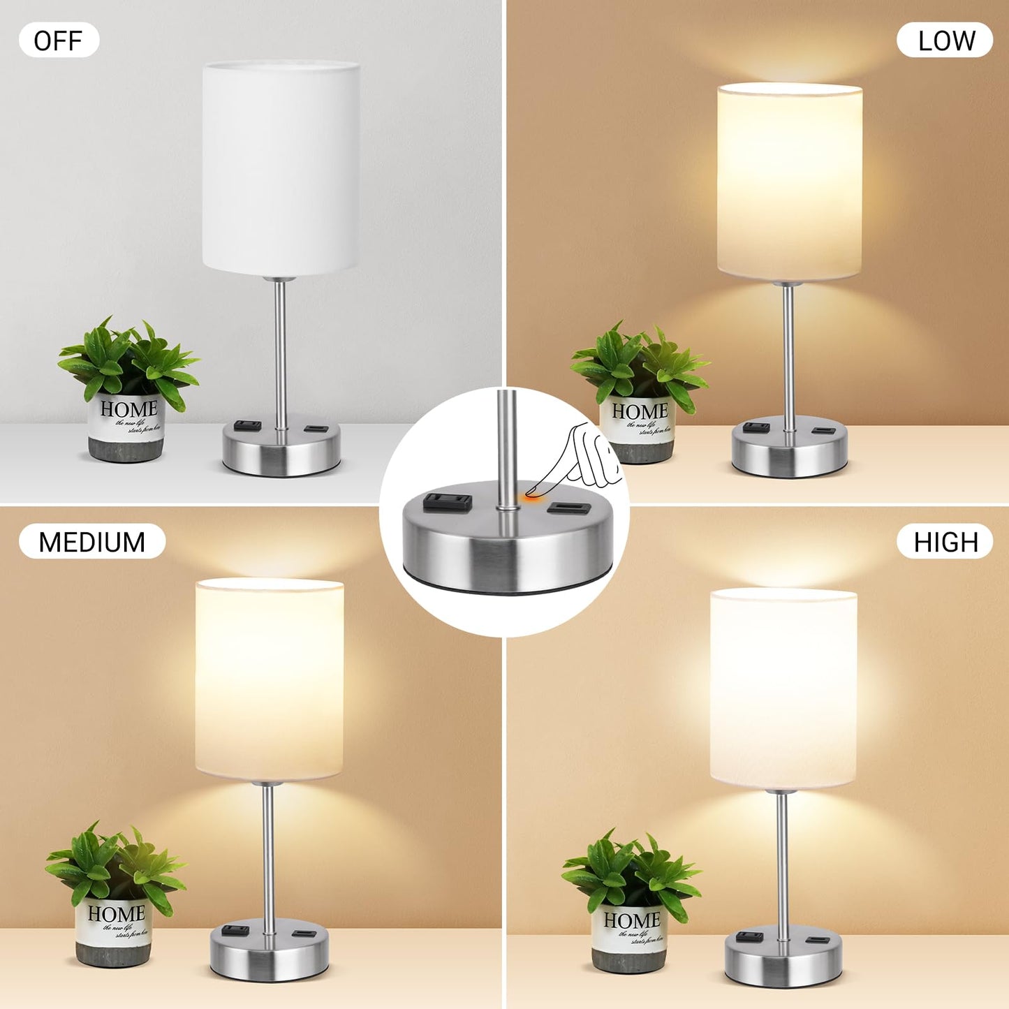 ROTTOGOON Touch Table Lamps Set of 2 with USB Port & Power Outlet, Dimmable Desk Lamp for Living Room Nursery Room, Bulbs Included, White