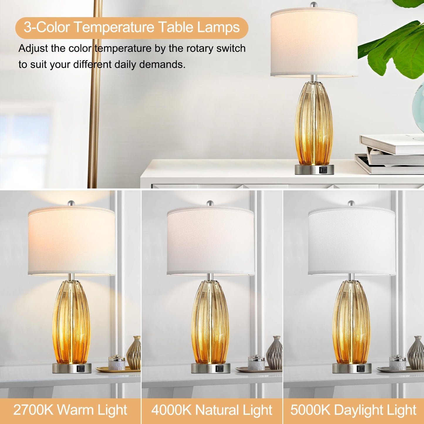 ROTTOGOON Table Lamps for Living Room Set of 2, Glass Table Lamp with USB C+A Ports & 2 LED Bulbs for End Tables Bedside