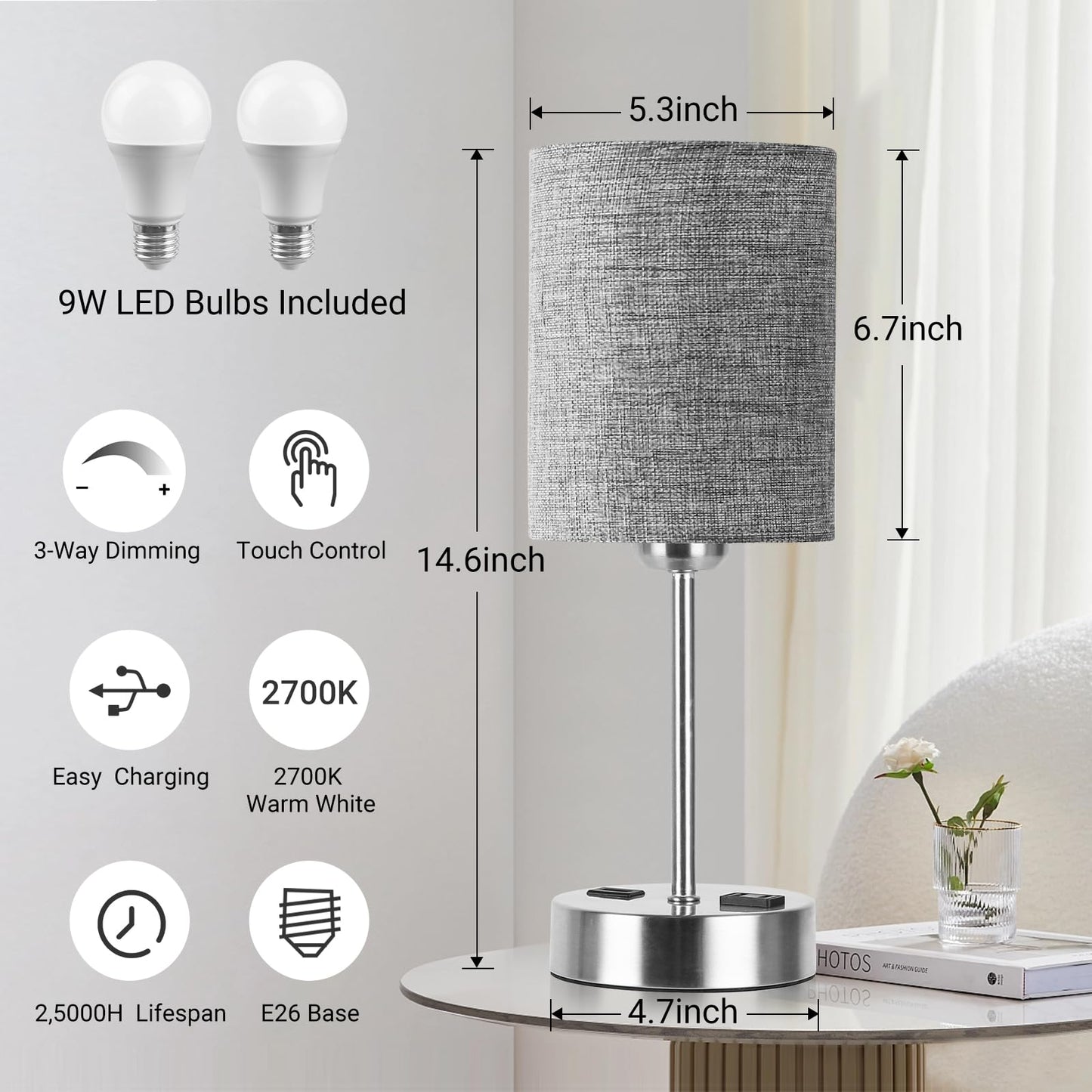ROTTOGOON Touch Table Lamps Set of 2 with USB Port & Power Outlet, Dimmable Desk Lamp for Living Room Nursery Room, Bulbs Included, Grey