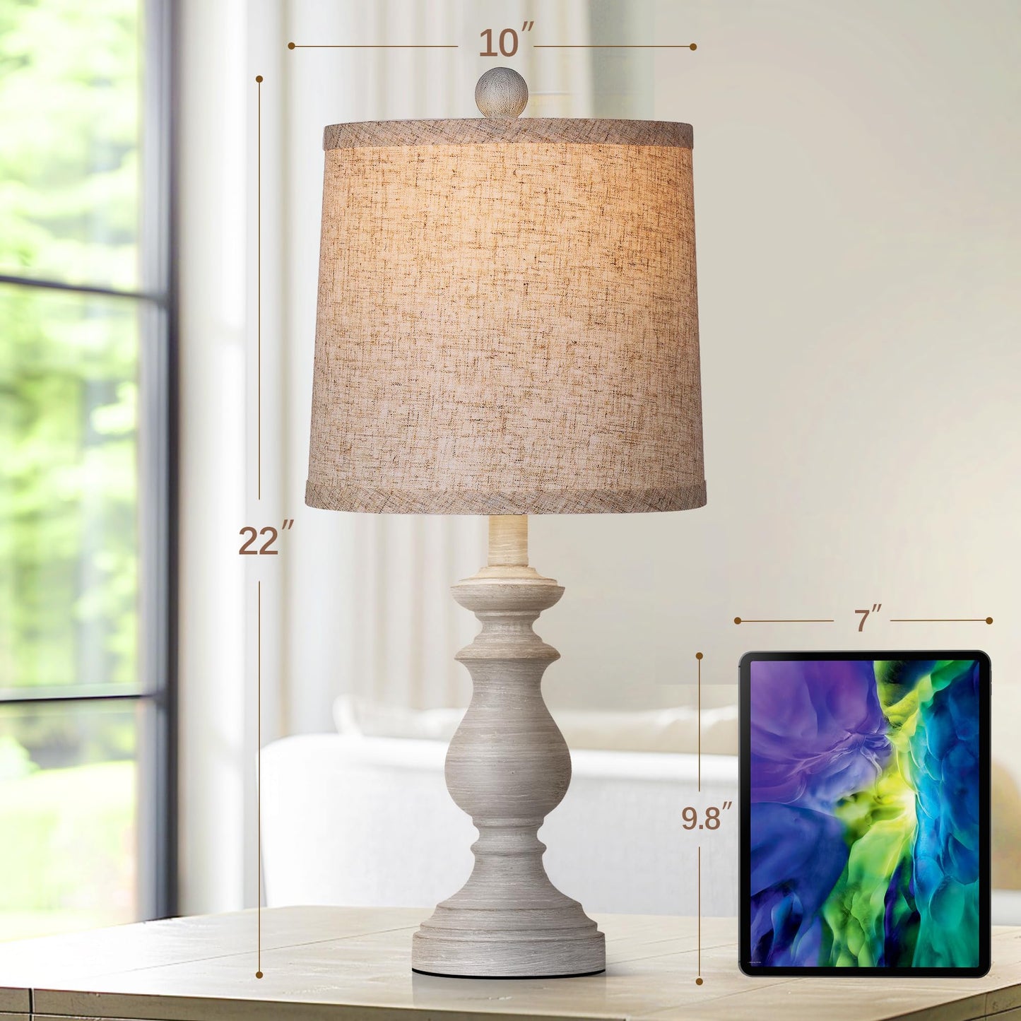 Traditional Table Lamp Set of 2, Rustic Farmhouse Table Lamps for Living Room Bedroom, 22" Bedside Desk Lamps Vintage Nightstand Lamps with Linen Shades, Antique Grey