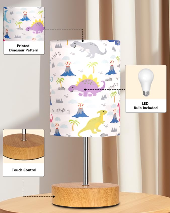 Bedside Table Lamp for Bedroom with Dinosaur Pattern Printed Shade 3-Way Dimmable Small Touch Lamp with Wood Base for Living Room, Desk, Dorm, Home Office (LED Bulb Included)