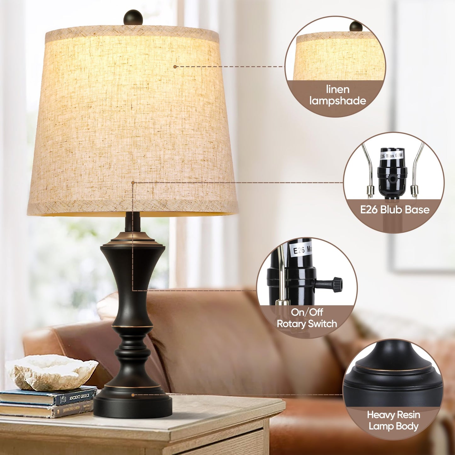Retro Table Lamps Set of 2, Nightstand Lamp for Bedroom Vintage Rustic Table Lamps for Living Room Traditional Nightstand Bedside Lamps 22" (Black) Bulb NOT Included