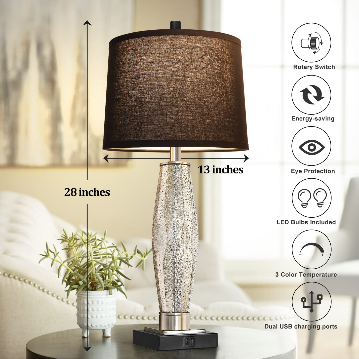 ROTTOGOON Table Lamps Set of 2 with USB Charging Ports & Rotary Switches, Modern Glass Beside Lamps for Living Room Nightstand Home Decor, Black