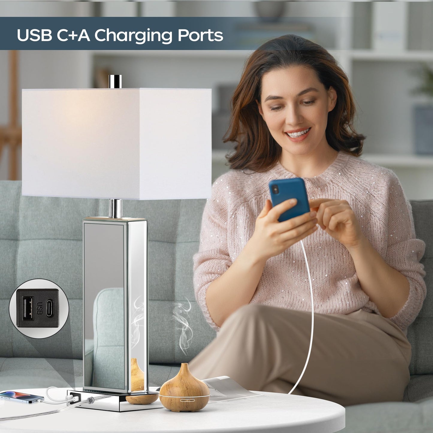 ROTTOGOON Modern Table Lamp Set of 2 Touch Control, Silver Mirror Dimmable Lamp with USB C+A Ports& White Fabric Shade for Living Room Bedroom