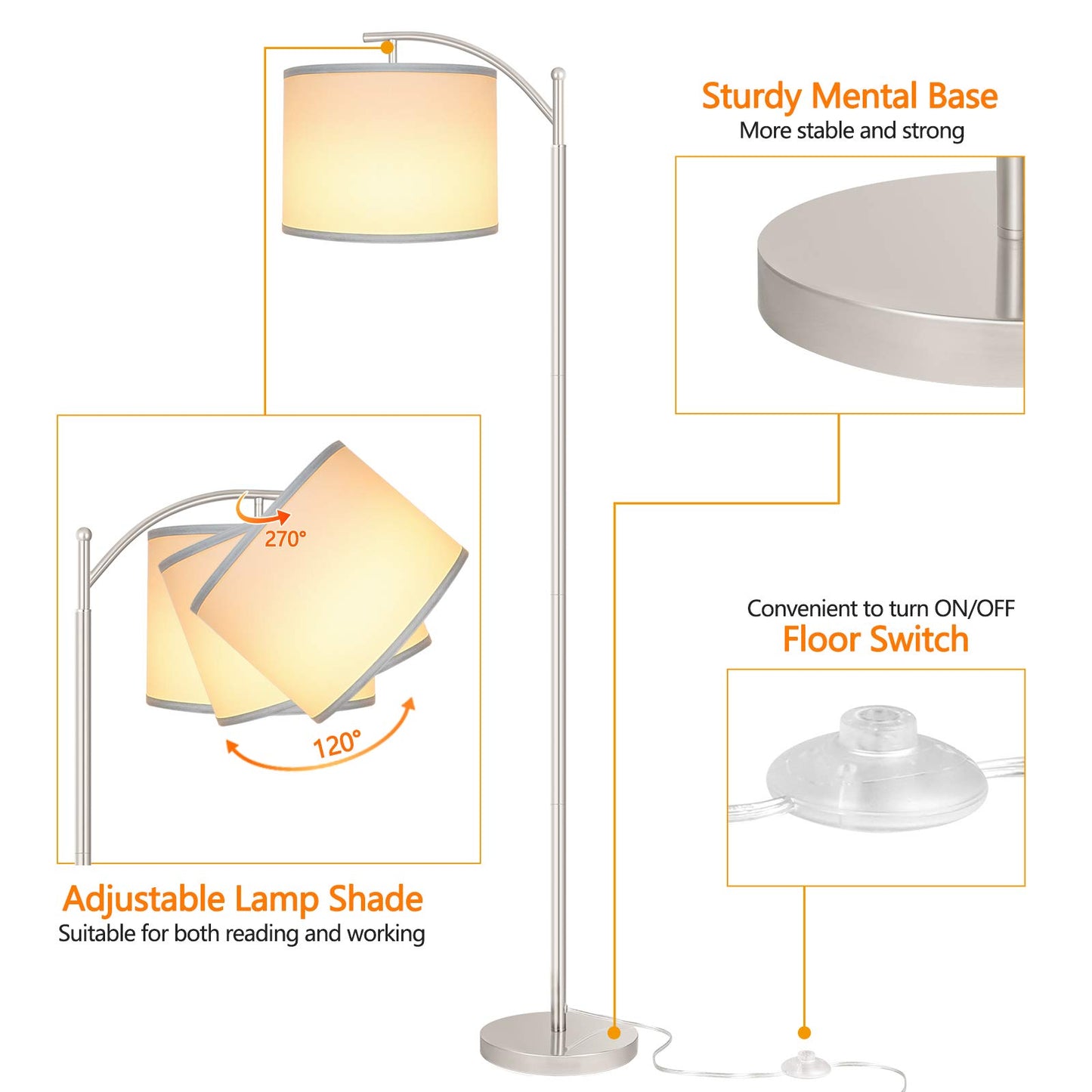 Floor Lamp for Living Room, LED Standing Lamp with 2 Lamp Shades for Bedroom, 9W LED Bulb Included - Silver