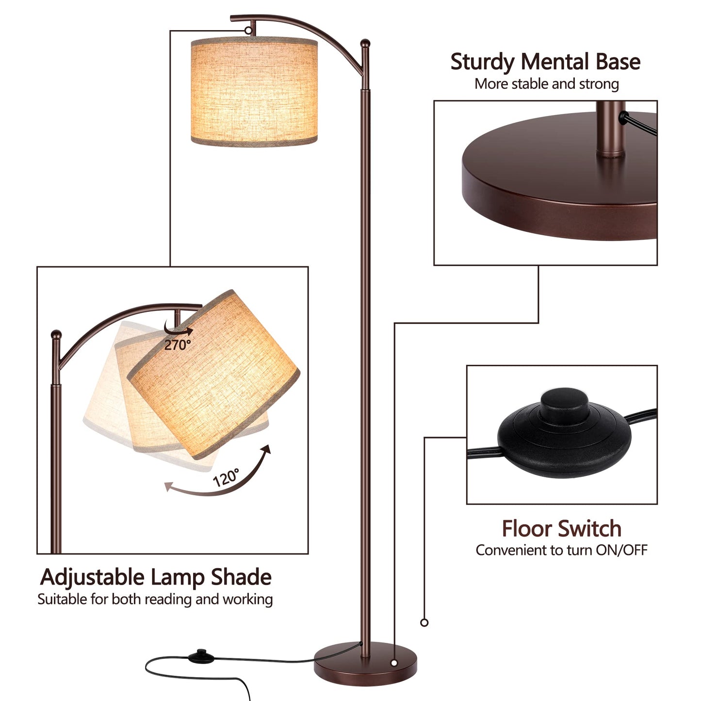 Floor Lamp for Living Room, LED Standing Lamp Tall Industrial Floor Lamp Reading for Bedroom, Office (9W LED Bulb, Beige Lampshade Included) -Oil-Rubbed