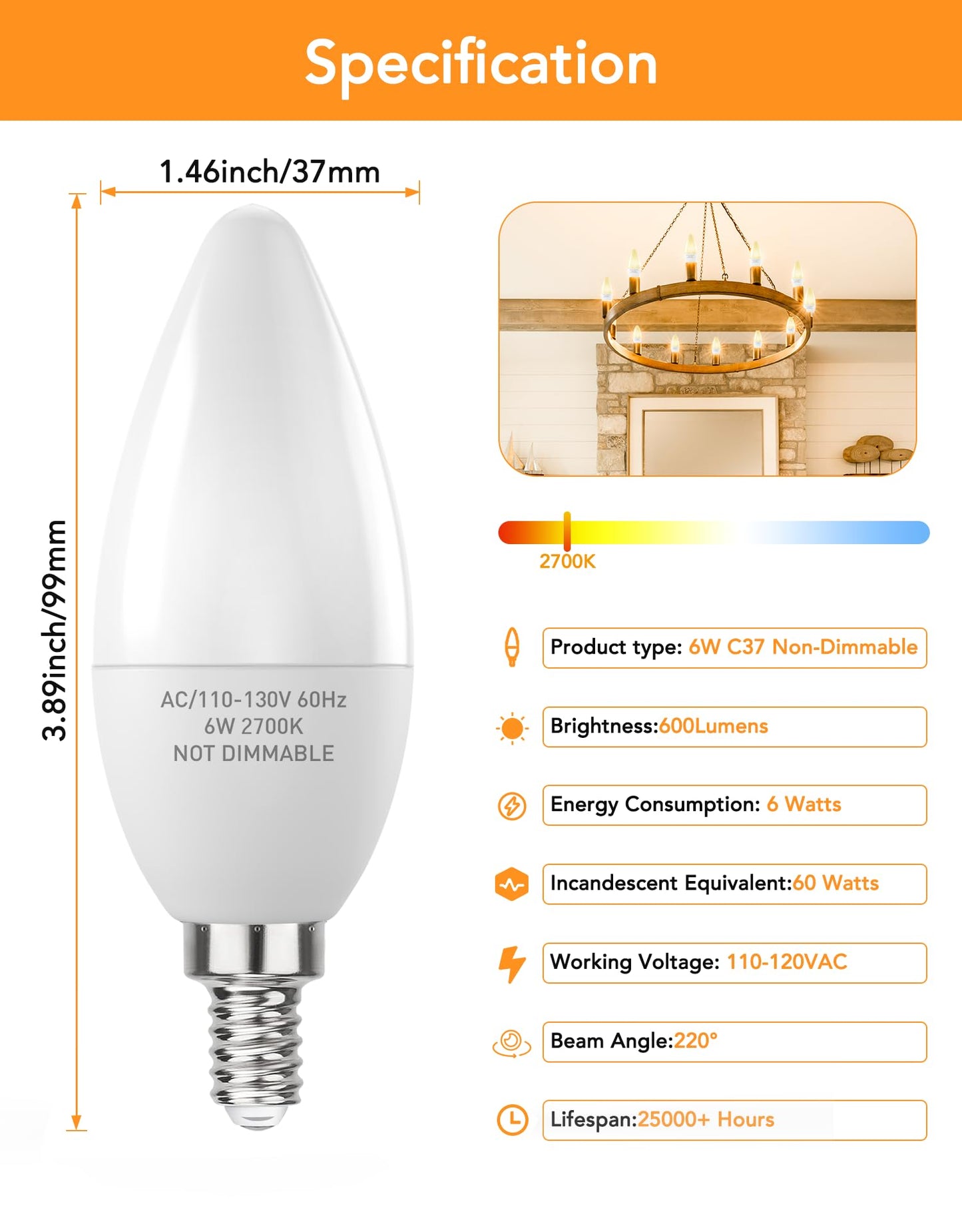 E12 LED Light Bulbs B11 Candelabra Bulbs 60W Equivalent, Non-Dimmable 6W LED Candle Chandelier Bulb 600Lumen, 2700K Soft White, Pack of 6