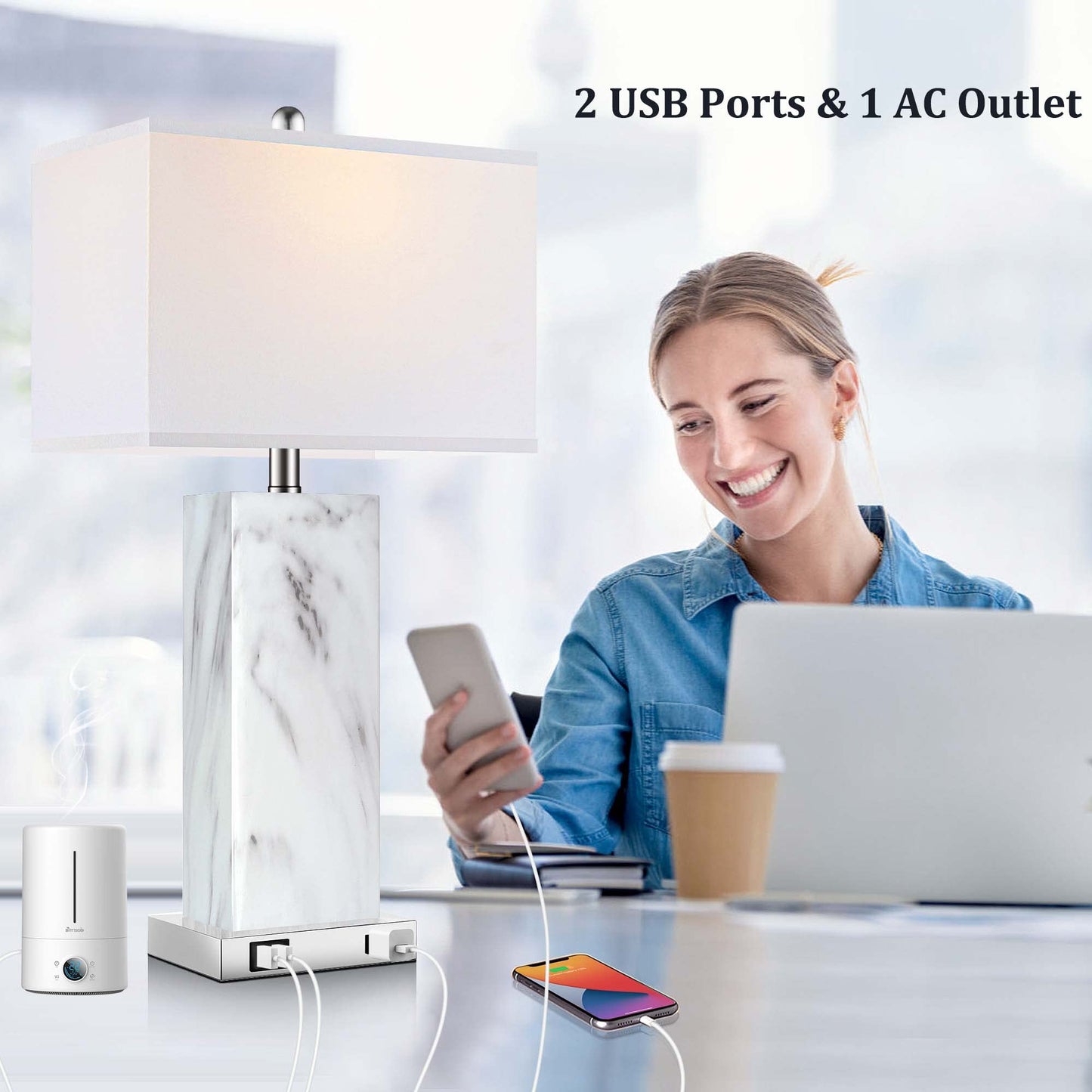 ROTTOGOON Touch Control Table Lamps Set of 2, Modern Ceramic Bedside Lamp with 2 USB Ports 1 AC Outlet, for Living Room Bedroom