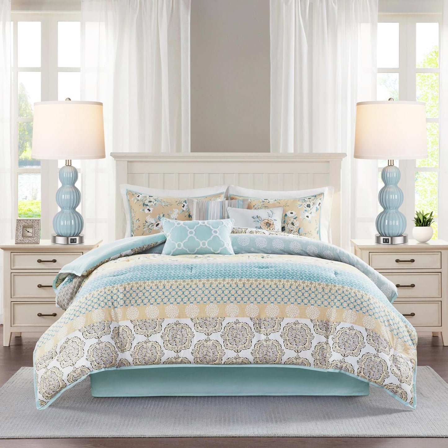 ROTTOGOON Table Lamps for Bedroom Set of 2, 26.5" Bedside Lamps for Living Room with USB Ports Touch Control, Modern Blue Ceramic Nightstand Lamp