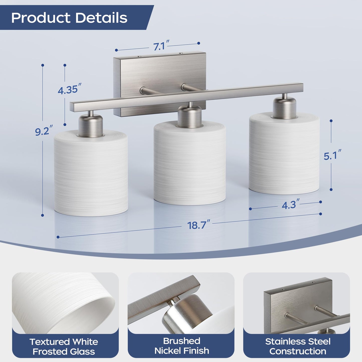 Bathroom Light Fixtures, Bathroom Lighting Fixtures Over Mirror, Classic Vanity Lights, Modern Bathroom Vanity Light with Textured Frosted Opal White Glass Shades, Brushed Nickel, 3-Light