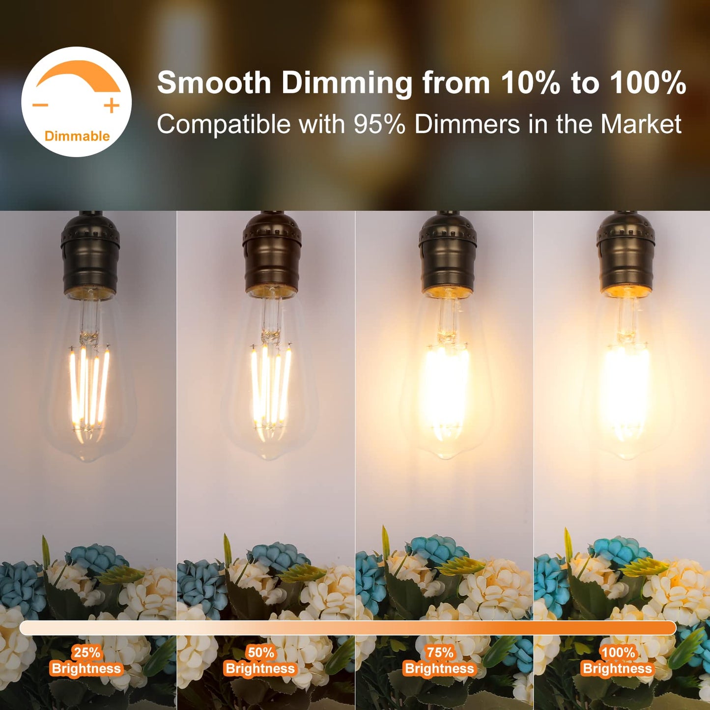 LED Light Bulbs Dimmable Vintage Edison Bulb, E26 LED Bulb 60W Equivalent 720 Lumens, Warm White 2700K, ST58 Antique LED Filament Bulb CRI 85+, Clear Glass, Pack of 4