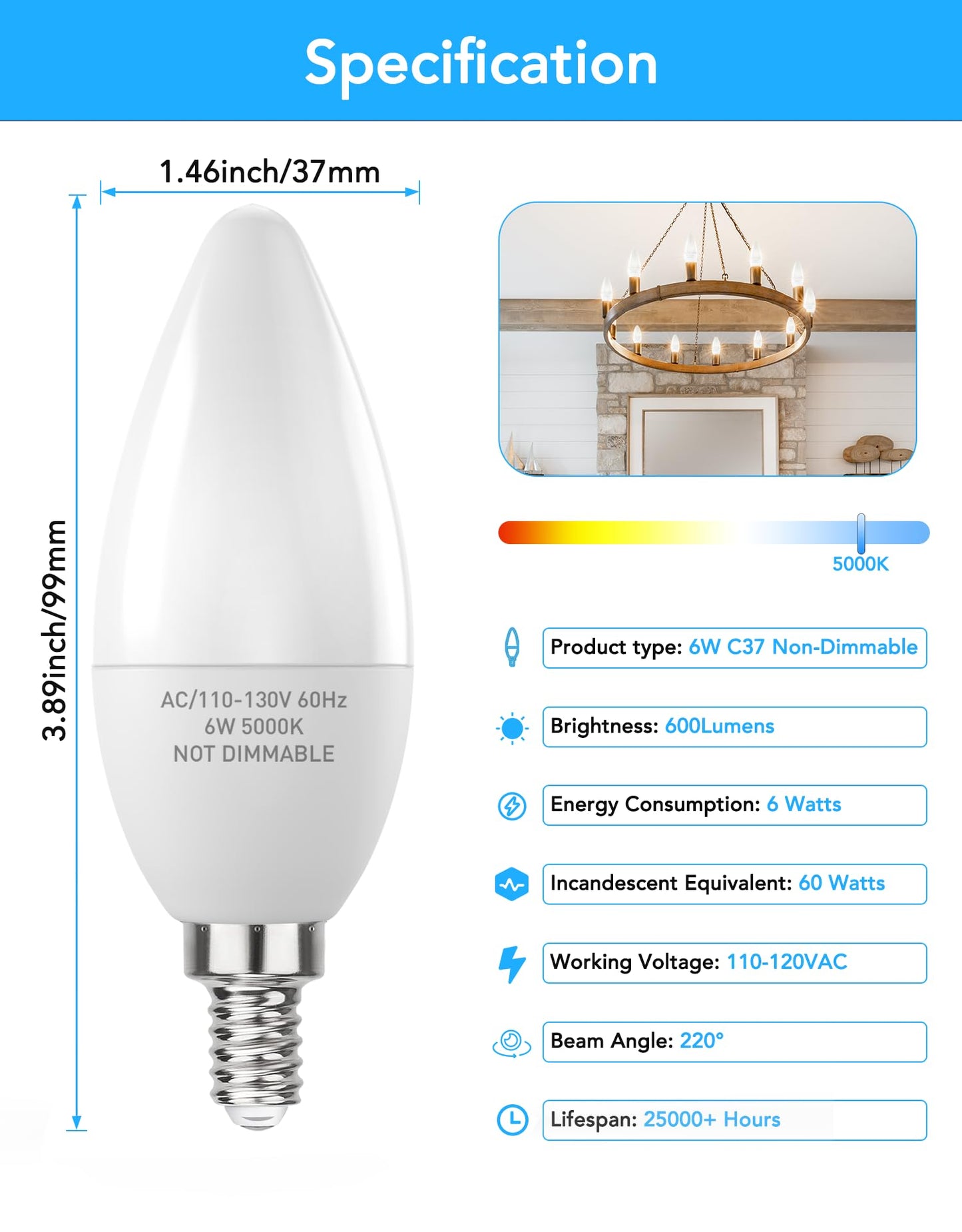 E12 LED Light Bulbs B11 Candelabra Bulbs 60W Equivalent, Non-Dimmable 6W LED Candle Chandelier Bulb 600 Lumen, 5000K Daylight White, Pack of 6