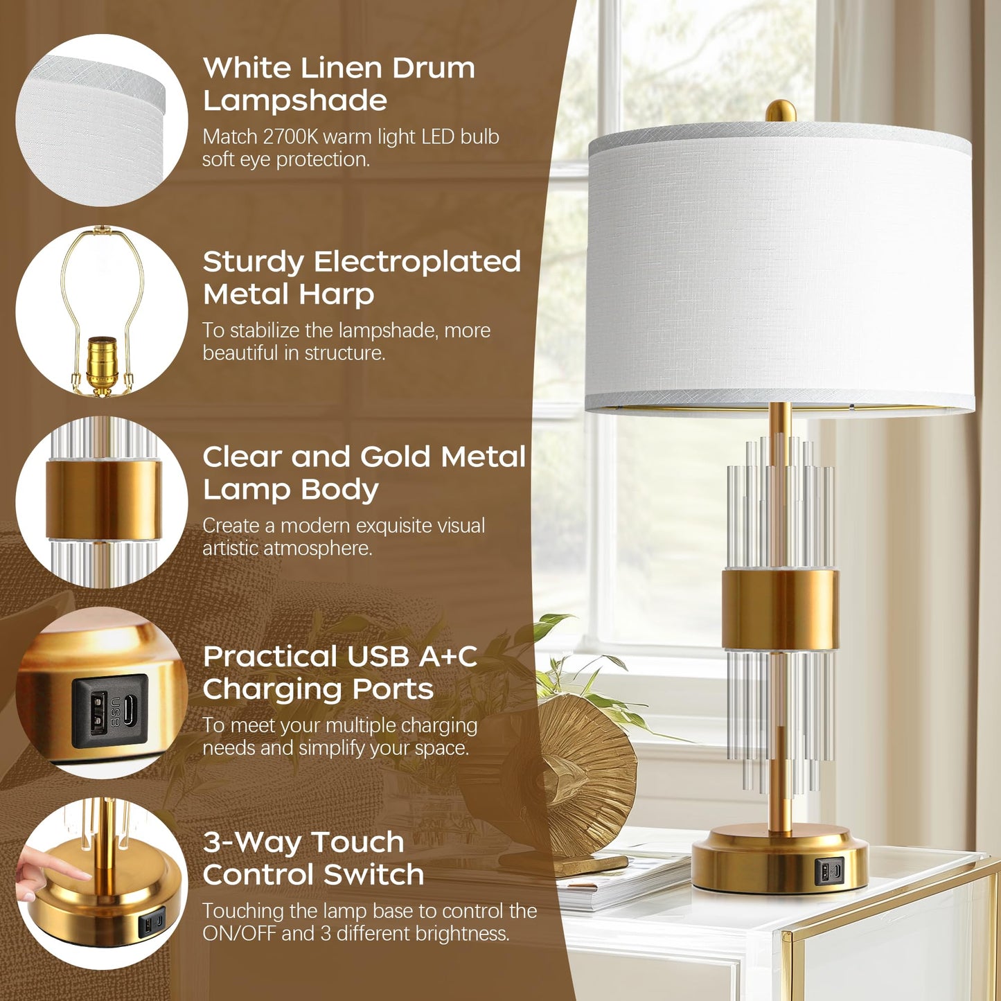 ROTTOGOON Table Lamp Set of 2 for Living Room with USB A+C Ports, Gold Bedside Lamps for Bedrooms Home Office Decor (2700K LED Bulb Included)