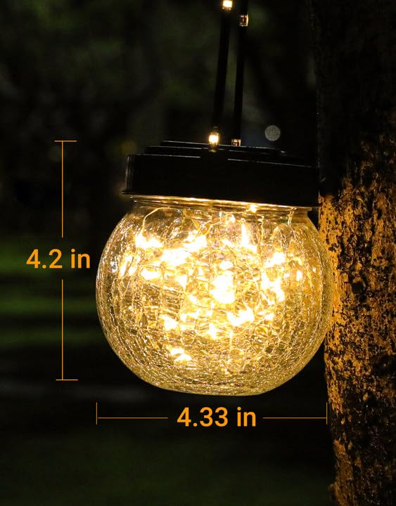 Solar Lantern Solar Lights Outdoor Waterproof 6-Pack, Solar Powered Hanging Lights Cracked Glass Hanging Globes for Christmas Decoration, Shepherd Hook, Garden Tree Ornaments