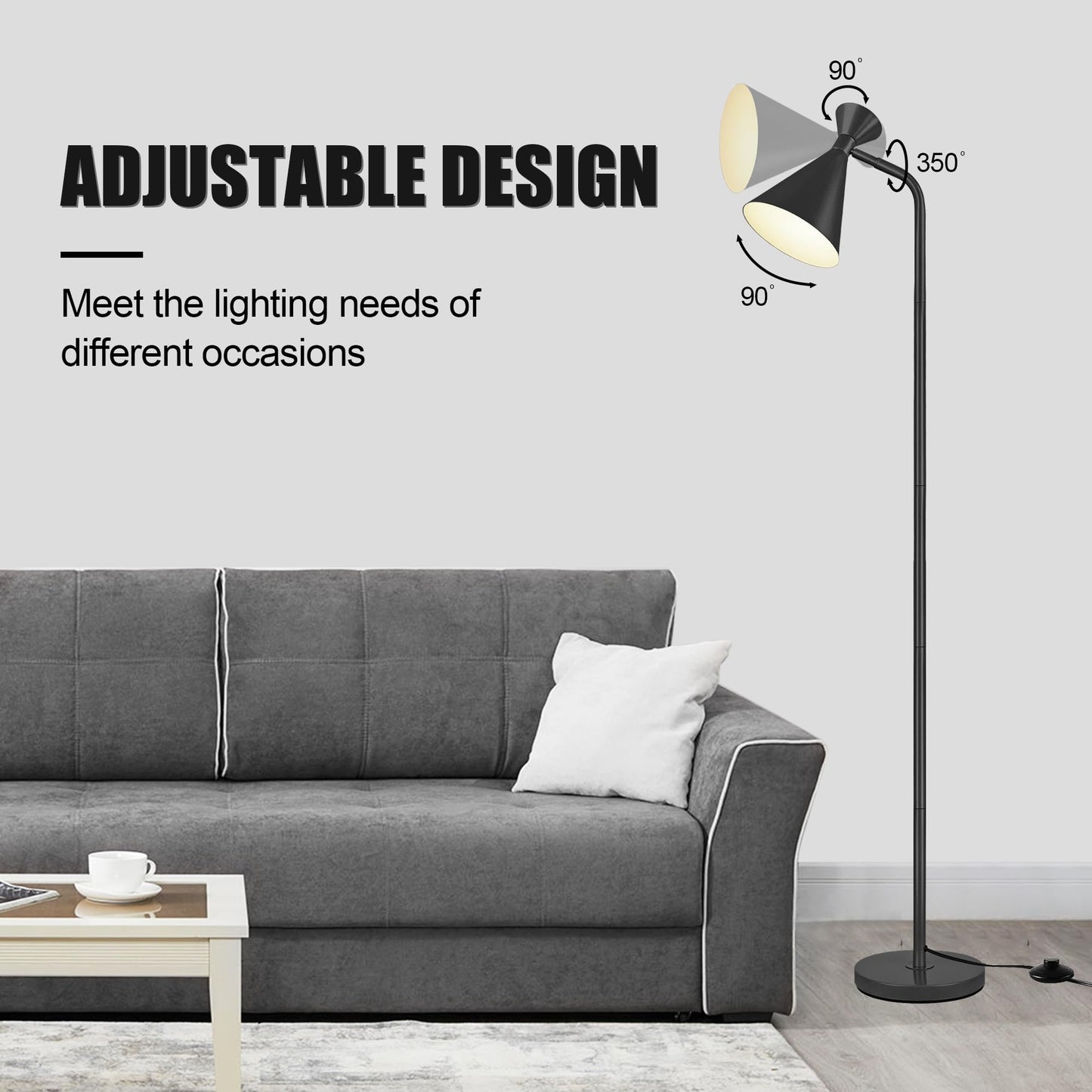 Floor Lamp for Living Room, Modern Adjustable Metal Heads Standing Lamps, Simple Design Black Floor Lamp with Foot Switch for Bedroom, Office, Kids Room, Reading, Working(Bulb Not Included)
