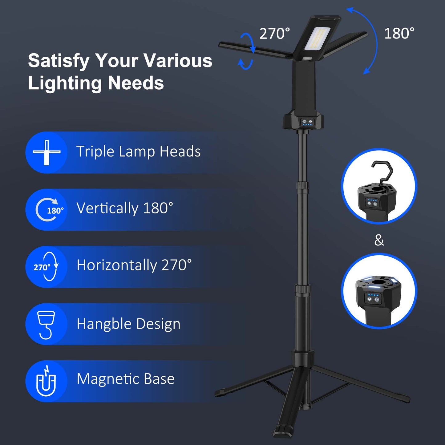 Rechargeable LED Work Light with Stand, 67" Tall Portable Cordless Work Light 3-head, 8AH Battery, 500/1500/2500 Lumen, 4000/6500K Dimmable Camping Light with Detachable Tripod (Carrying Bag Included)