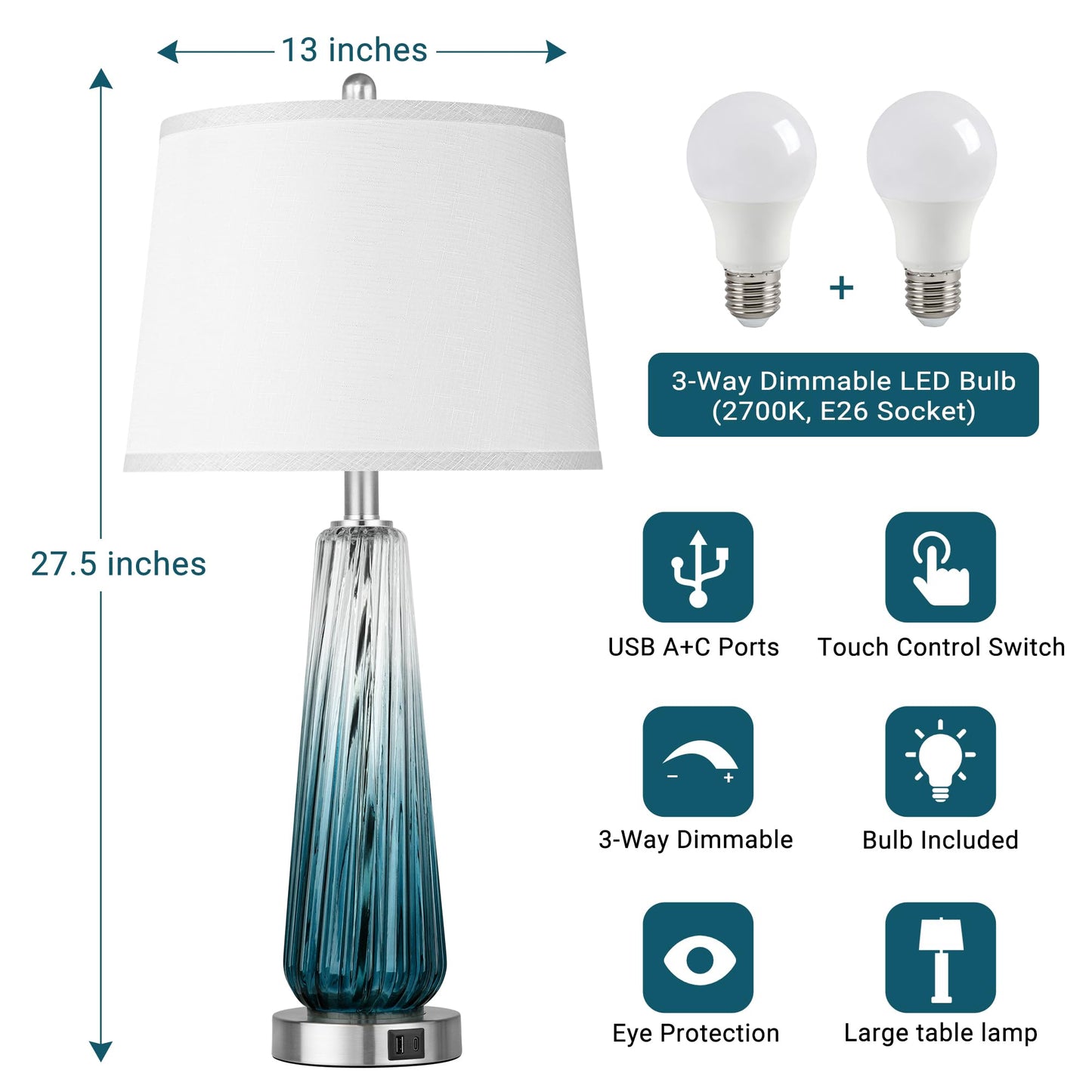 ROTTOGOON Glass Table Lamps for Living Room with USB A+C Ports, Dimmable Touch Control Nightstand Lamp, Bedrooms Decor, Blue, 2 Pack