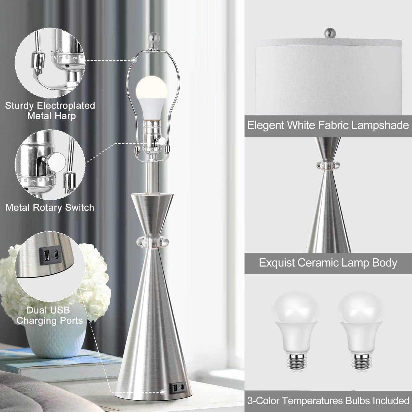 ROTTOGOON Table Lamps Set of 2, 3CCT Dimmable Modern Metal Bedside Lamps with 2 USB Ports, for Living Room Bedrooms Decorations