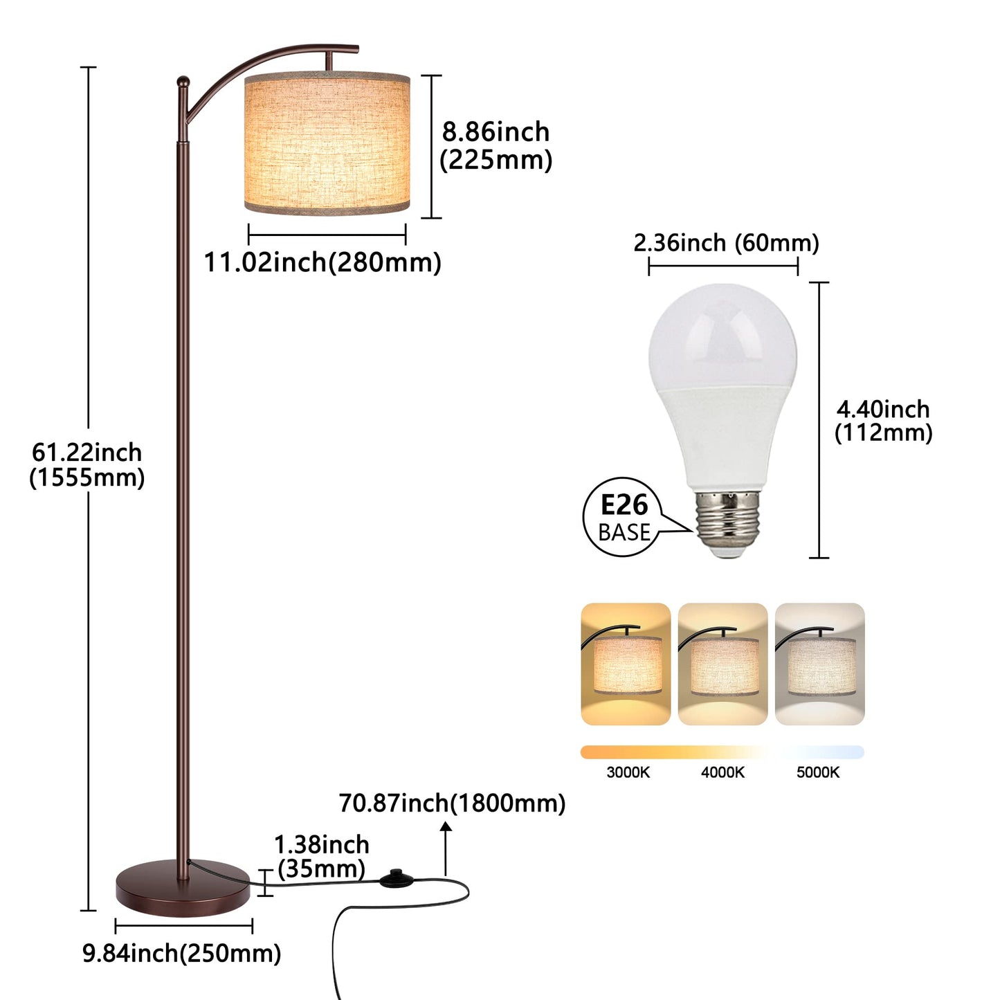 Floor Lamp for Living Room, LED Standing Lamp Tall Industrial Floor Lamp Reading for Bedroom, Office (9W LED Bulb, Beige Lampshade Included) -Oil-Rubbed