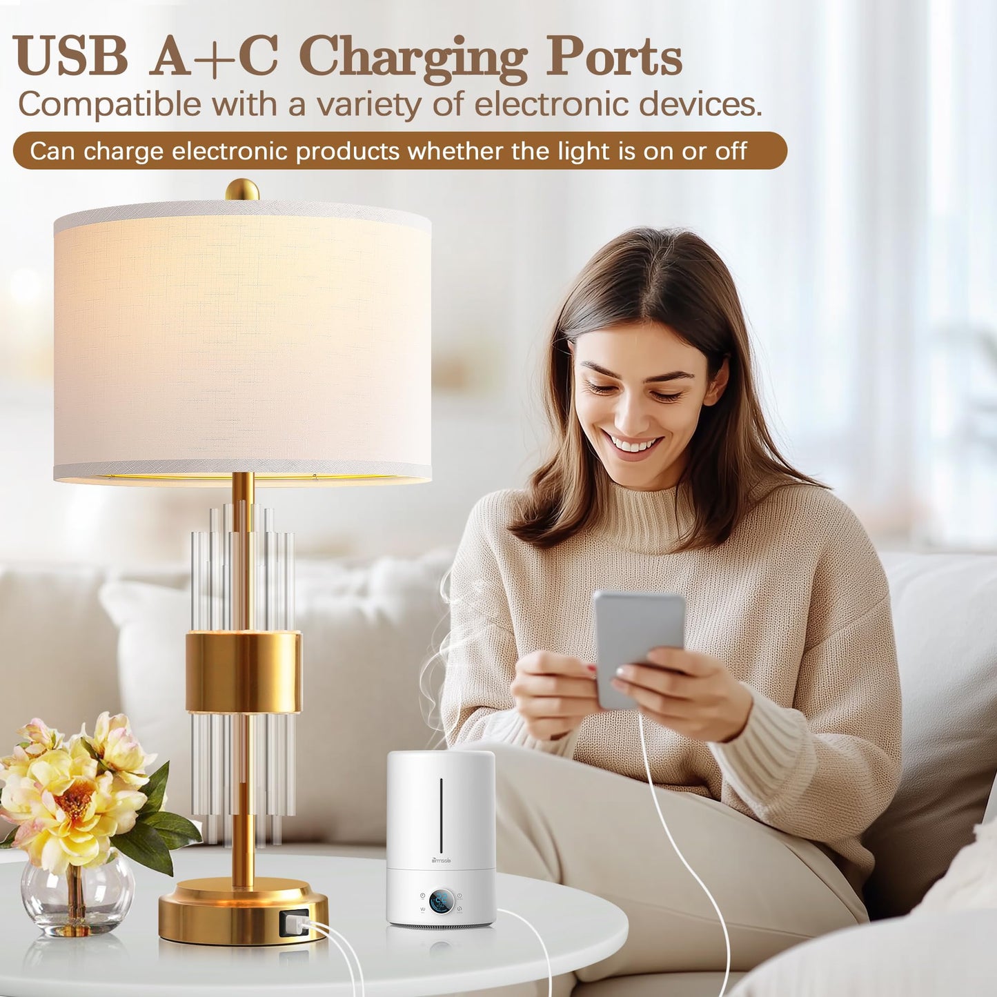 ROTTOGOON Table Lamp Set of 2 for Living Room with USB A+C Ports, Gold Bedside Lamps for Bedrooms Home Office Decor (2700K LED Bulb Included)