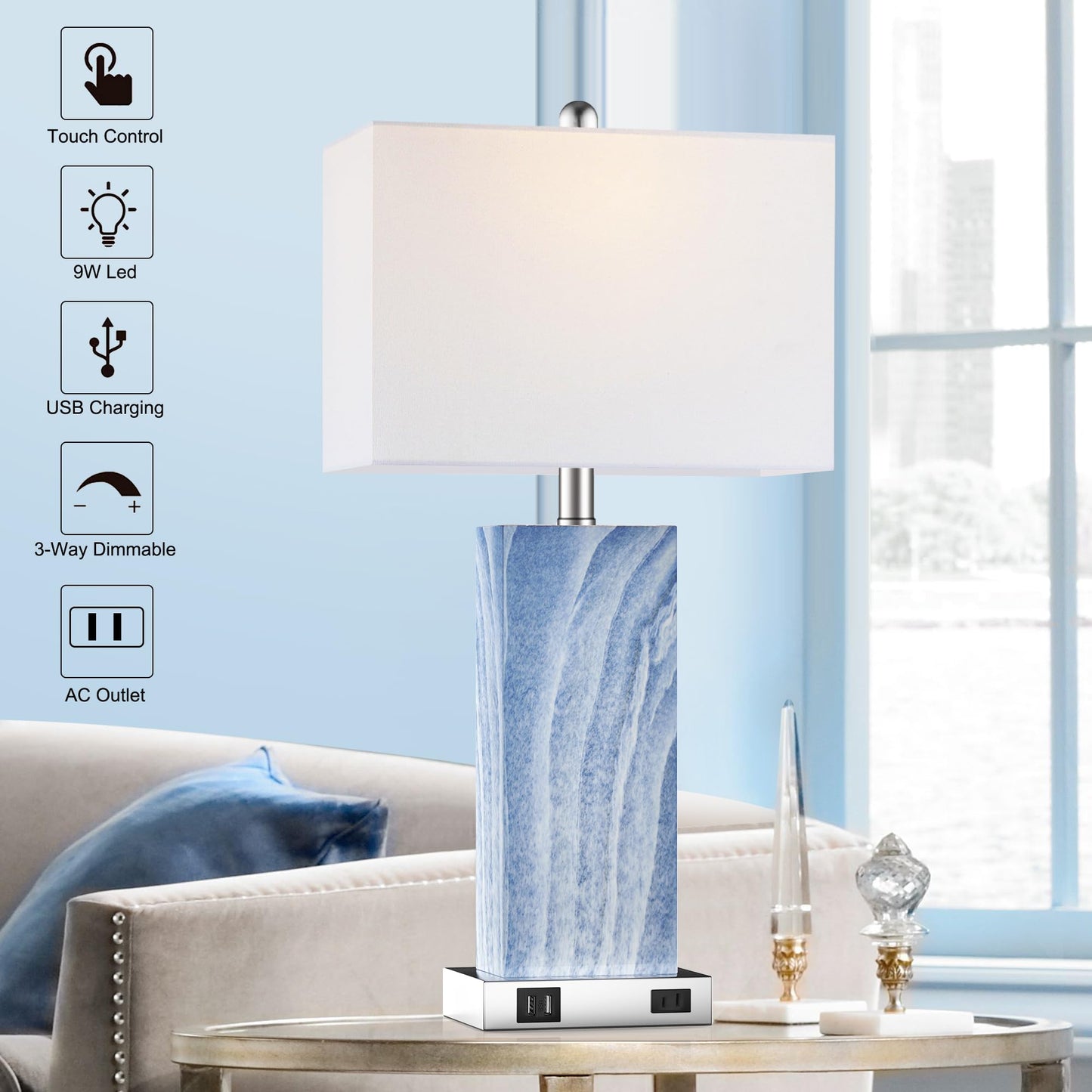 ROTTOGOON Touch Control Dimmable Table Lamps with White Fabric Shad, 2 USB Ports 1 AC Outlet for Living Room Bedroom, Bulbs Included, 2 Pack