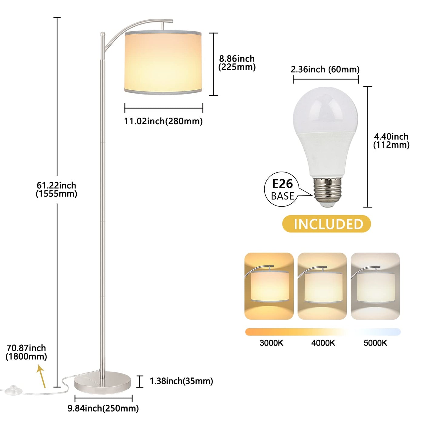 Floor Lamp for Living Room, LED Standing Lamp with 2 Lamp Shades for Bedroom, 9W LED Bulb Included - Silver
